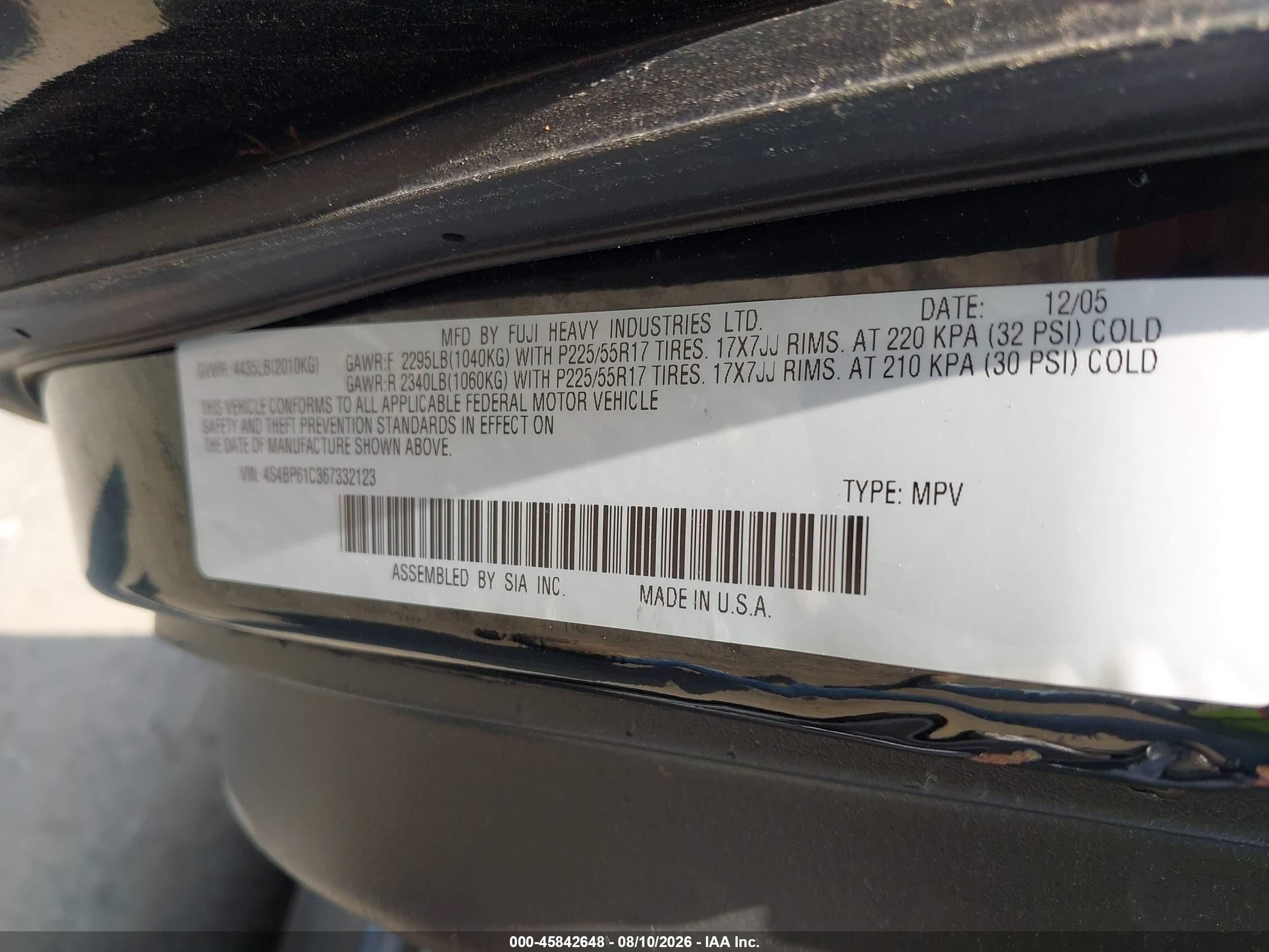 2006 Subaru Outback 2.5i Black vin: 4S4BP61C367332123