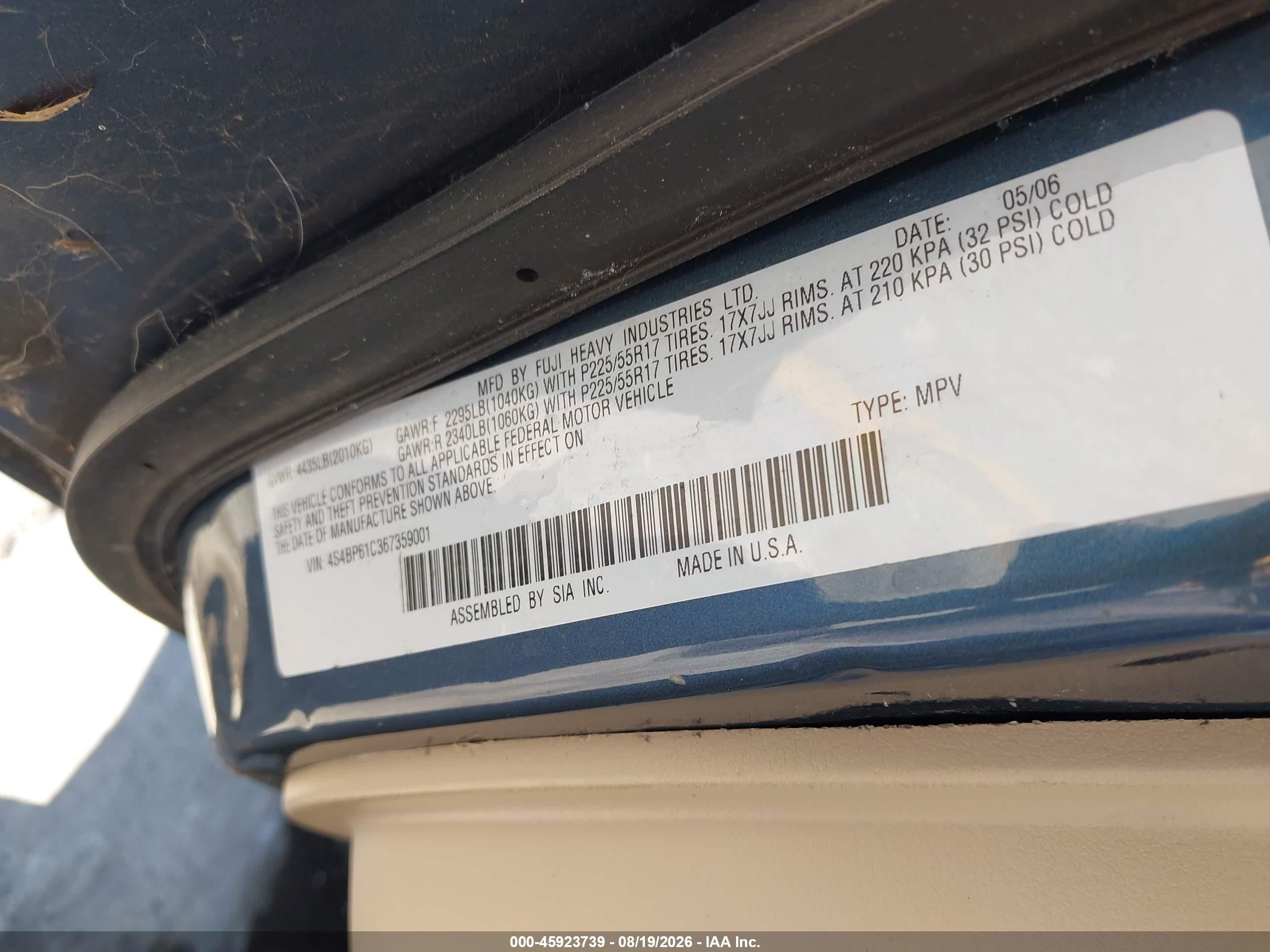 2006 Subaru Outback 2.5i Blue vin: 4S4BP61C367359001