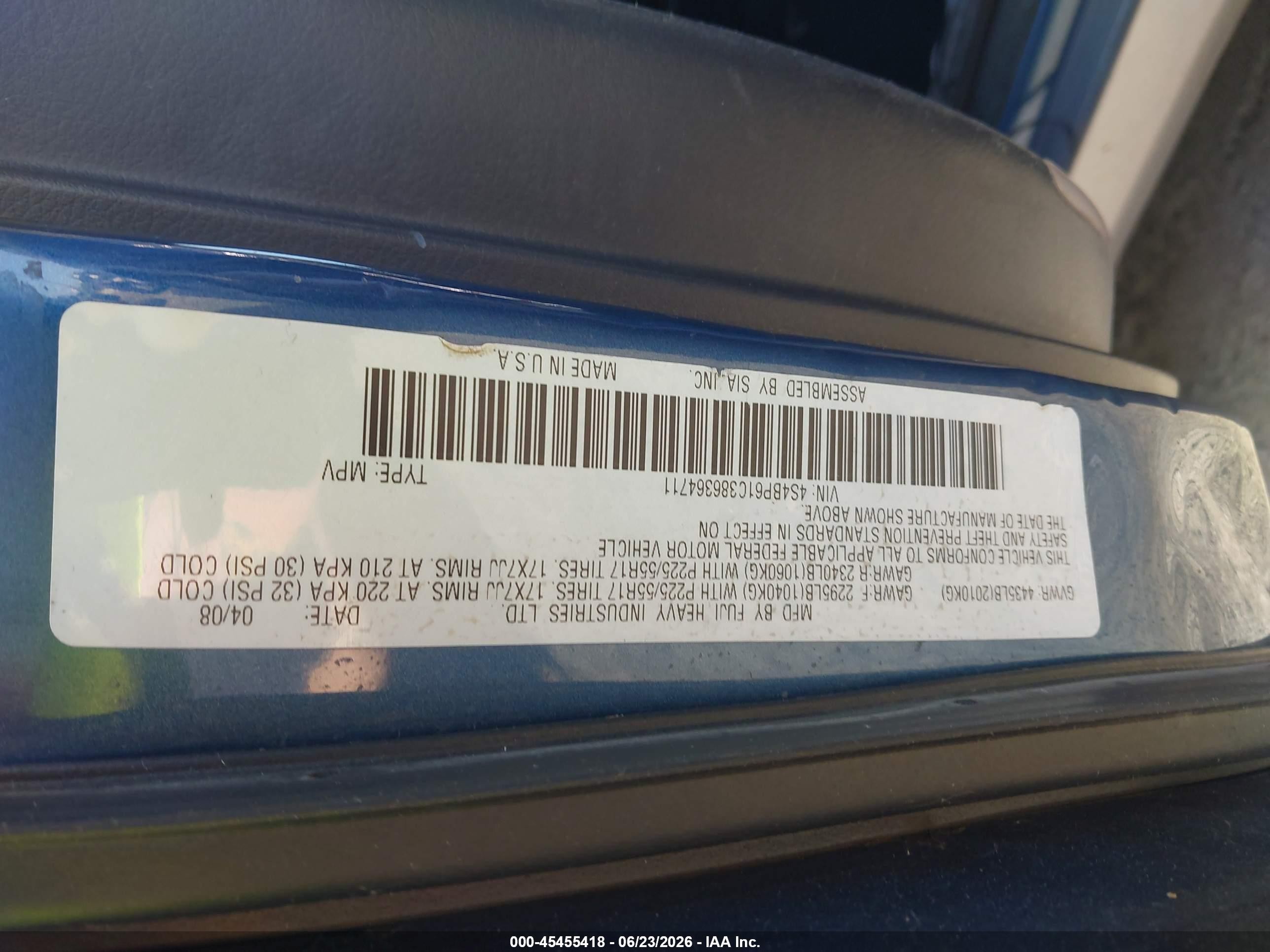 2008 Subaru Outback (natl) I Blue vin: 4S4BP61C386364711