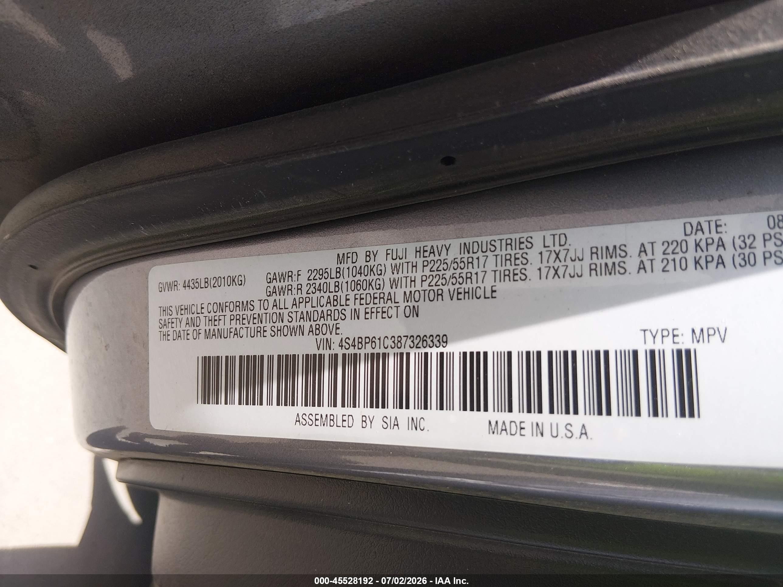 2008 Subaru Outback (natl) I/ll Bean W/nav/ll Bean W/nav/vdc Silver vin: 4S4BP61C387326339
