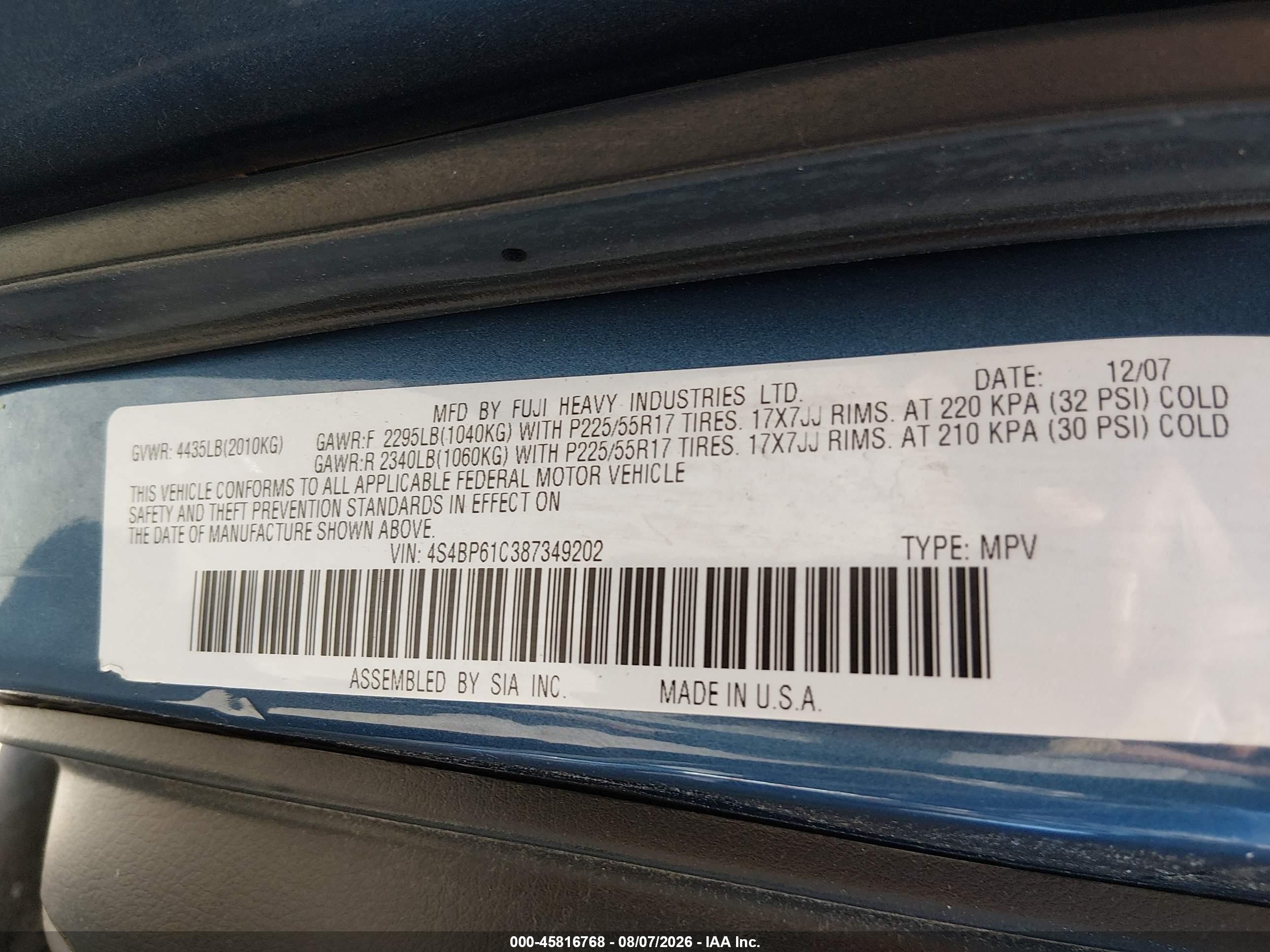 2008 Subaru Outback 2.5i/2.5i L.l. Bean Edition Blue vin: 4S4BP61C387349202