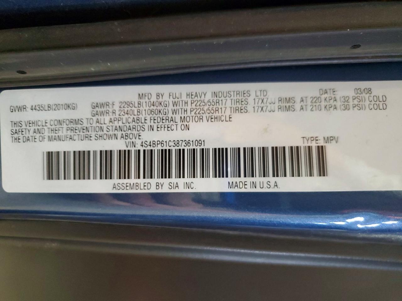 2008 Subaru Outback 2.5i Blue vin: 4S4BP61C387361091