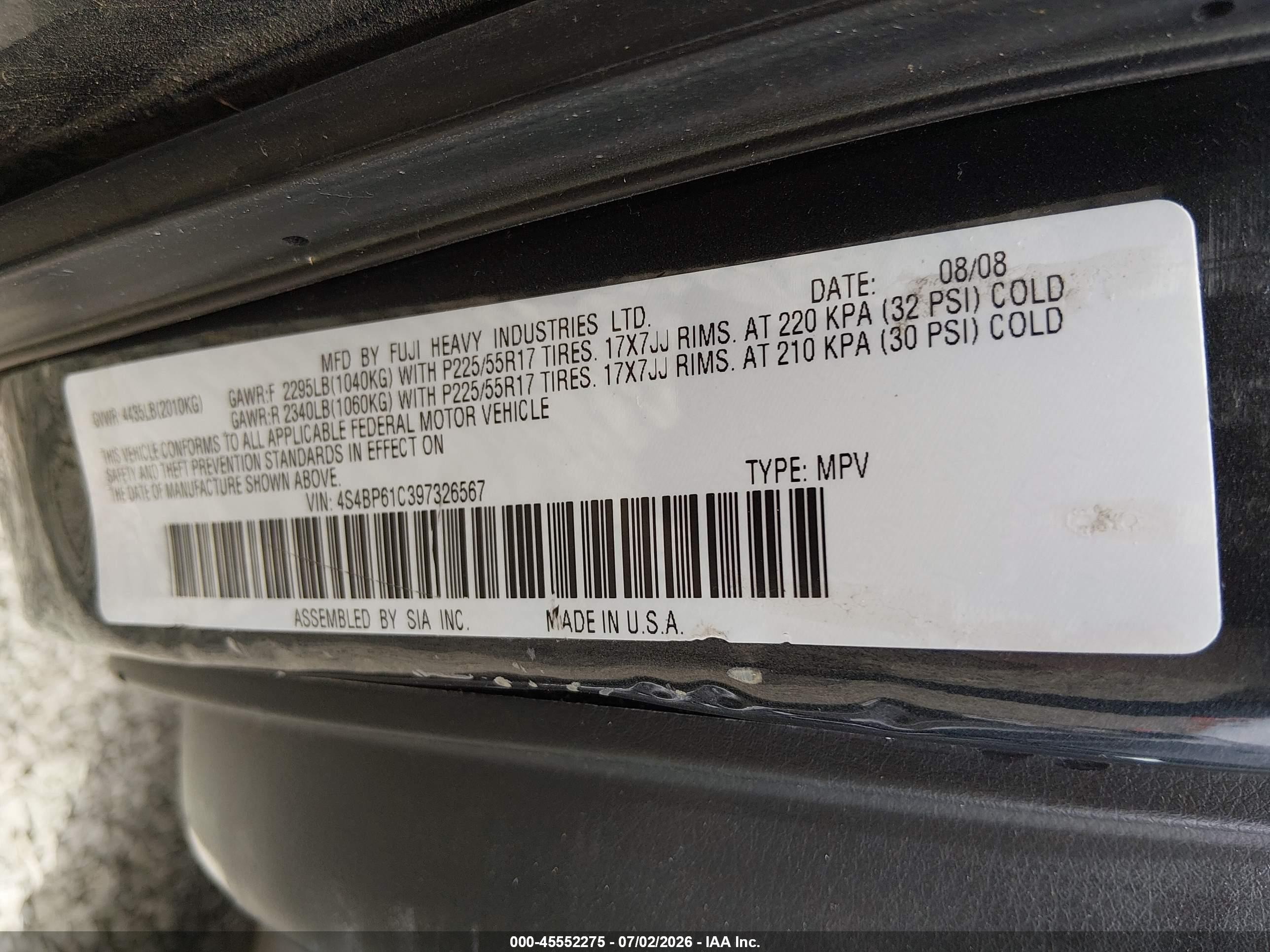 2009 Subaru Outback 2.5i Black vin: 4S4BP61C397326567