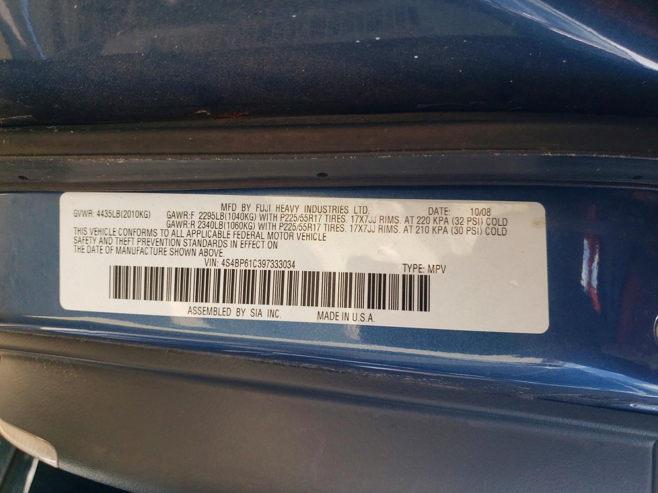 2009 Subaru Outback 2.5i Blue vin: 4S4BP61C397333034