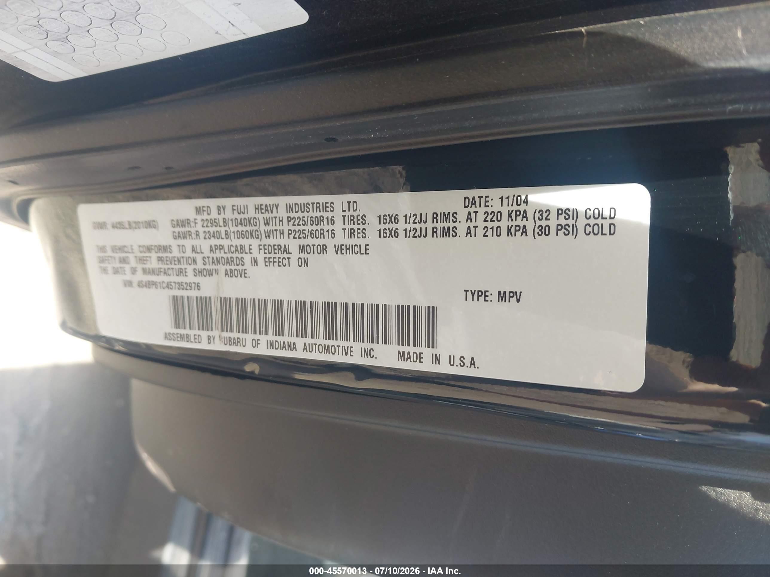2005 Subaru Outback 2.5i Black vin: 4S4BP61C457352976