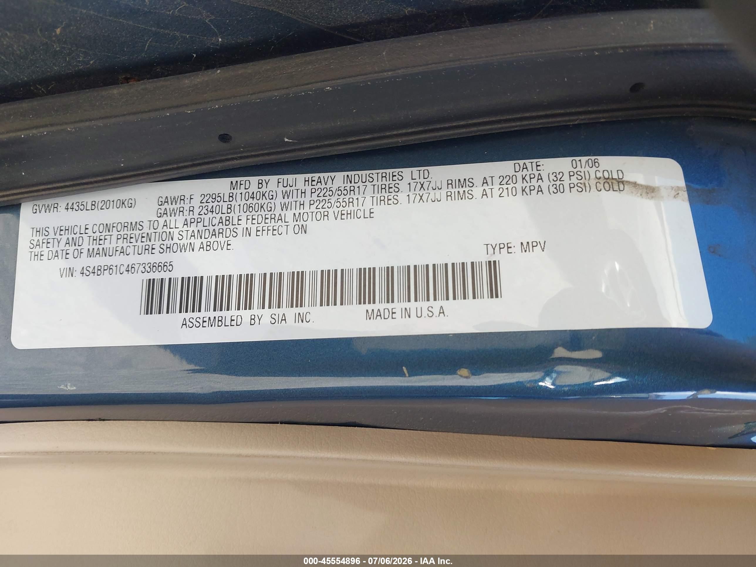 2006 Subaru Outback 2.5i Синий vin: 4S4BP61C467336665