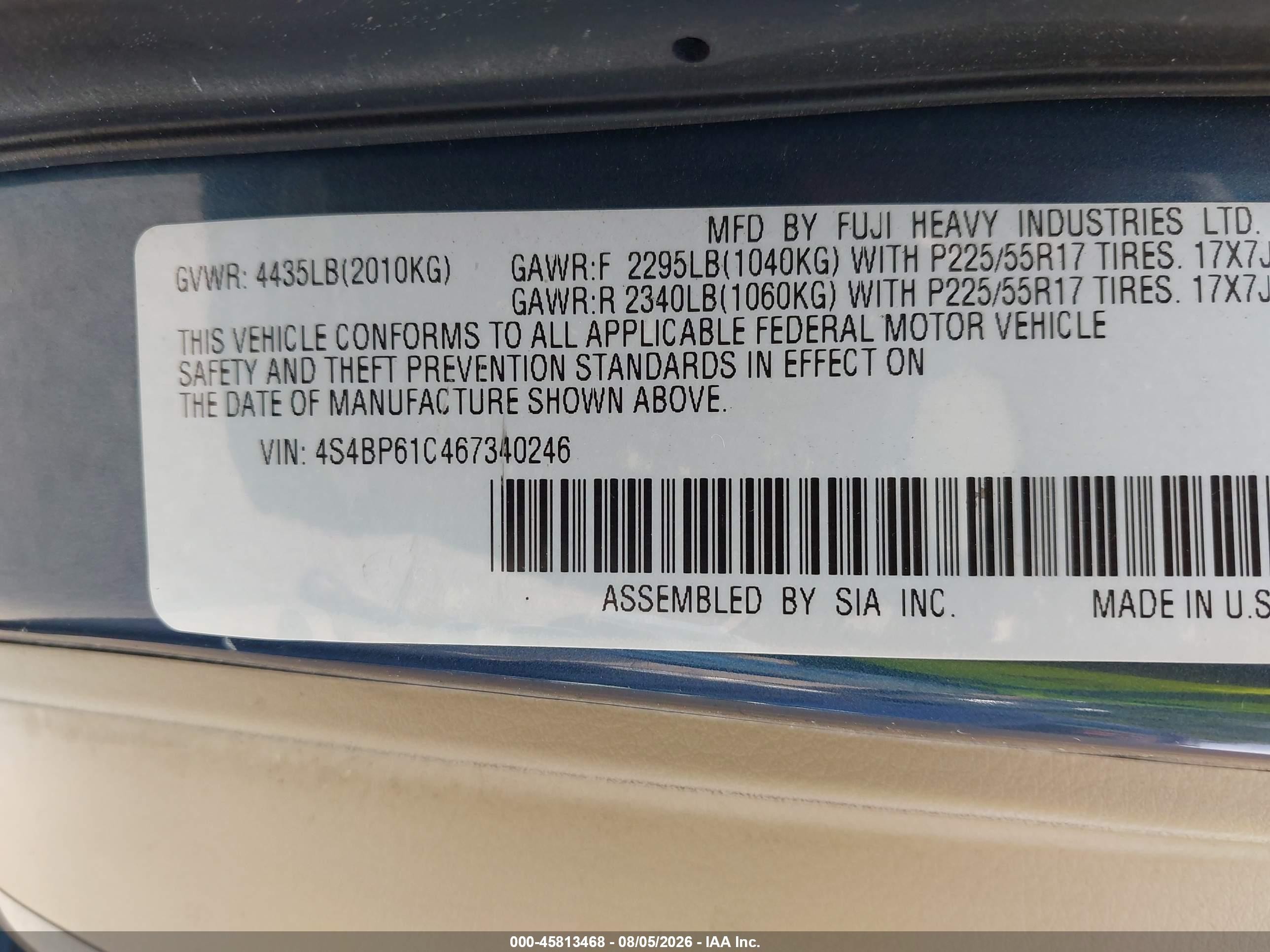 2006 Subaru Outback 2.5i Blue vin: 4S4BP61C467340246