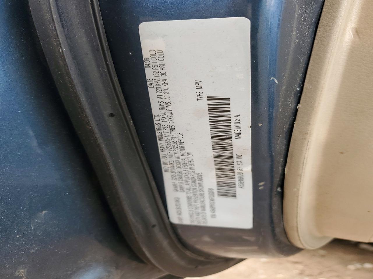 2006 Subaru Legacy Outback 2.5i Blue vin: 4S4BP61C467352879