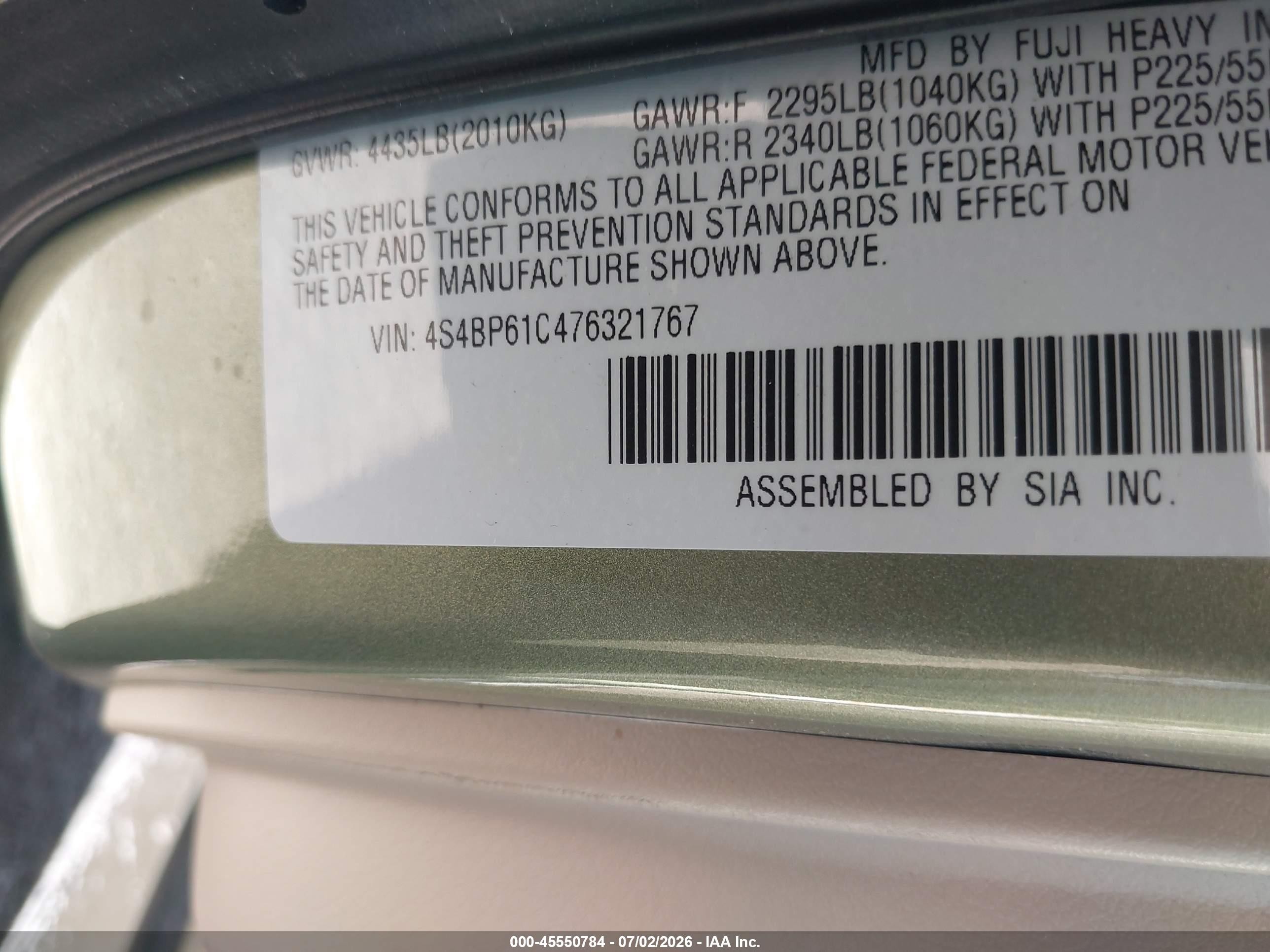 2007 Subaru Outback 2.5i Green vin: 4S4BP61C476321767
