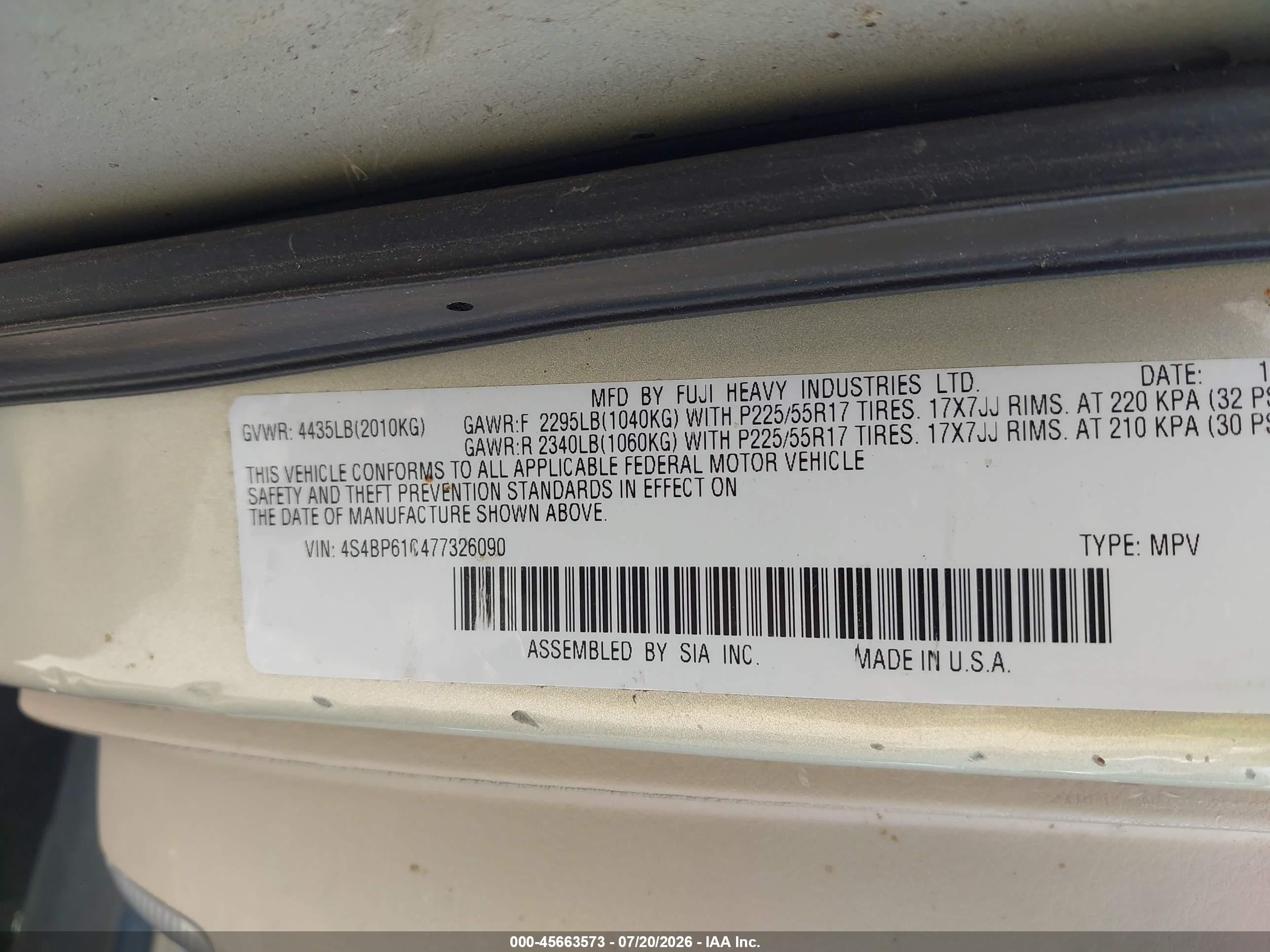 2007 Subaru Outback 2.5i Tan vin: 4S4BP61C477326090