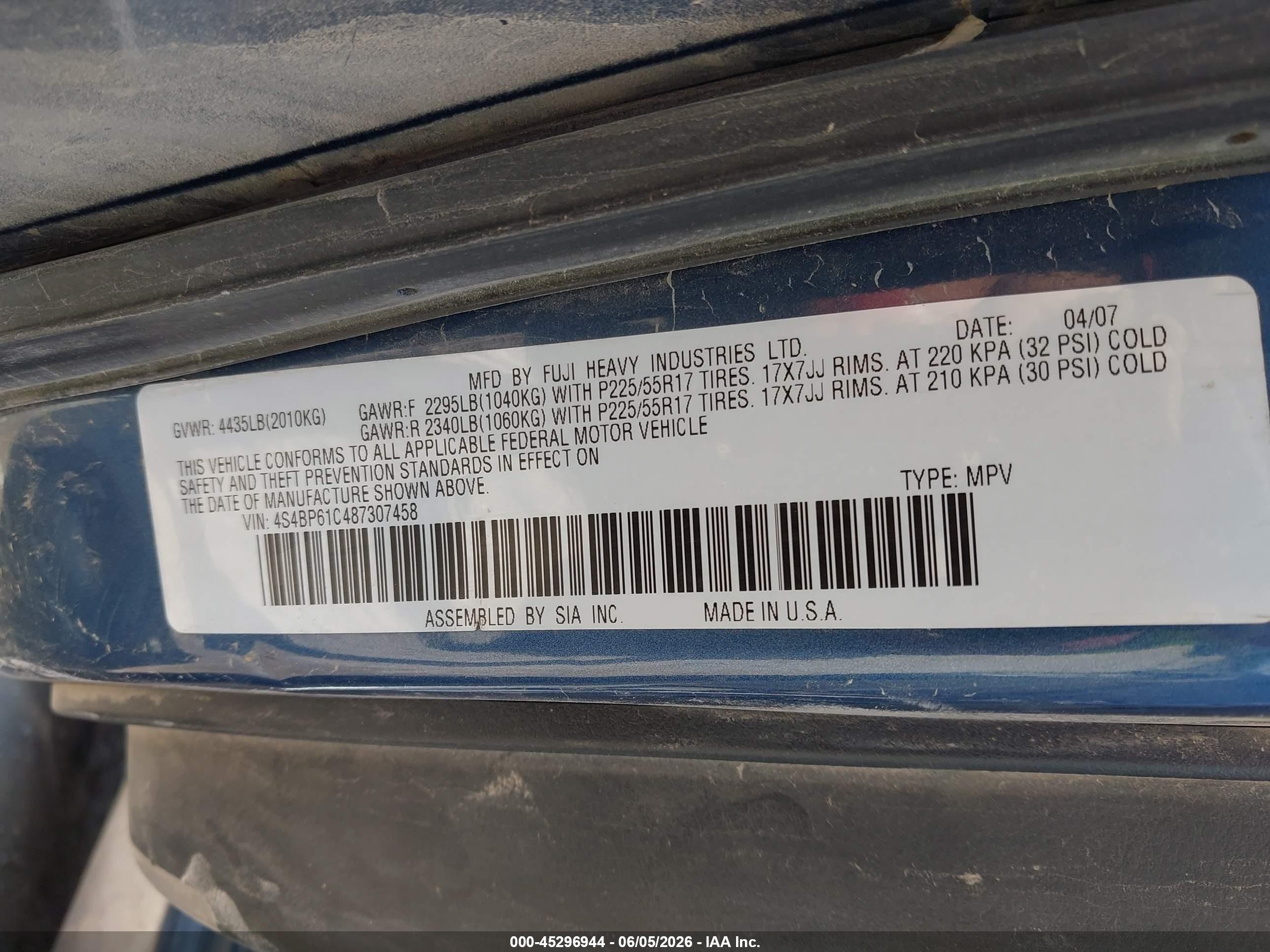 2008 Subaru Outback 2.5i/2.5i L.l. Bean Edition Blue vin: 4S4BP61C487307458