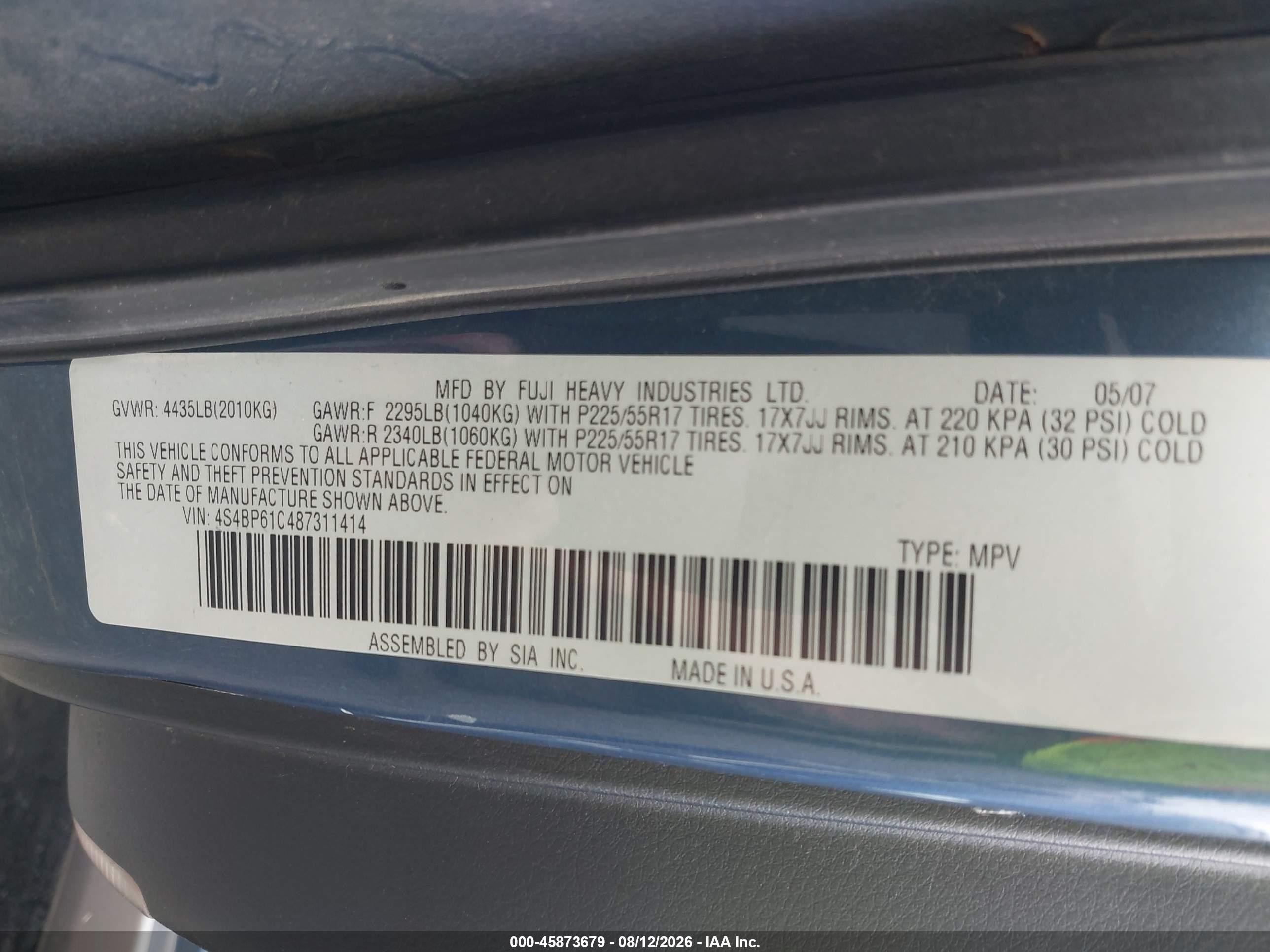 2008 Subaru Outback 2.5i/2.5i L.l. Bean Edition Blue vin: 4S4BP61C487311414