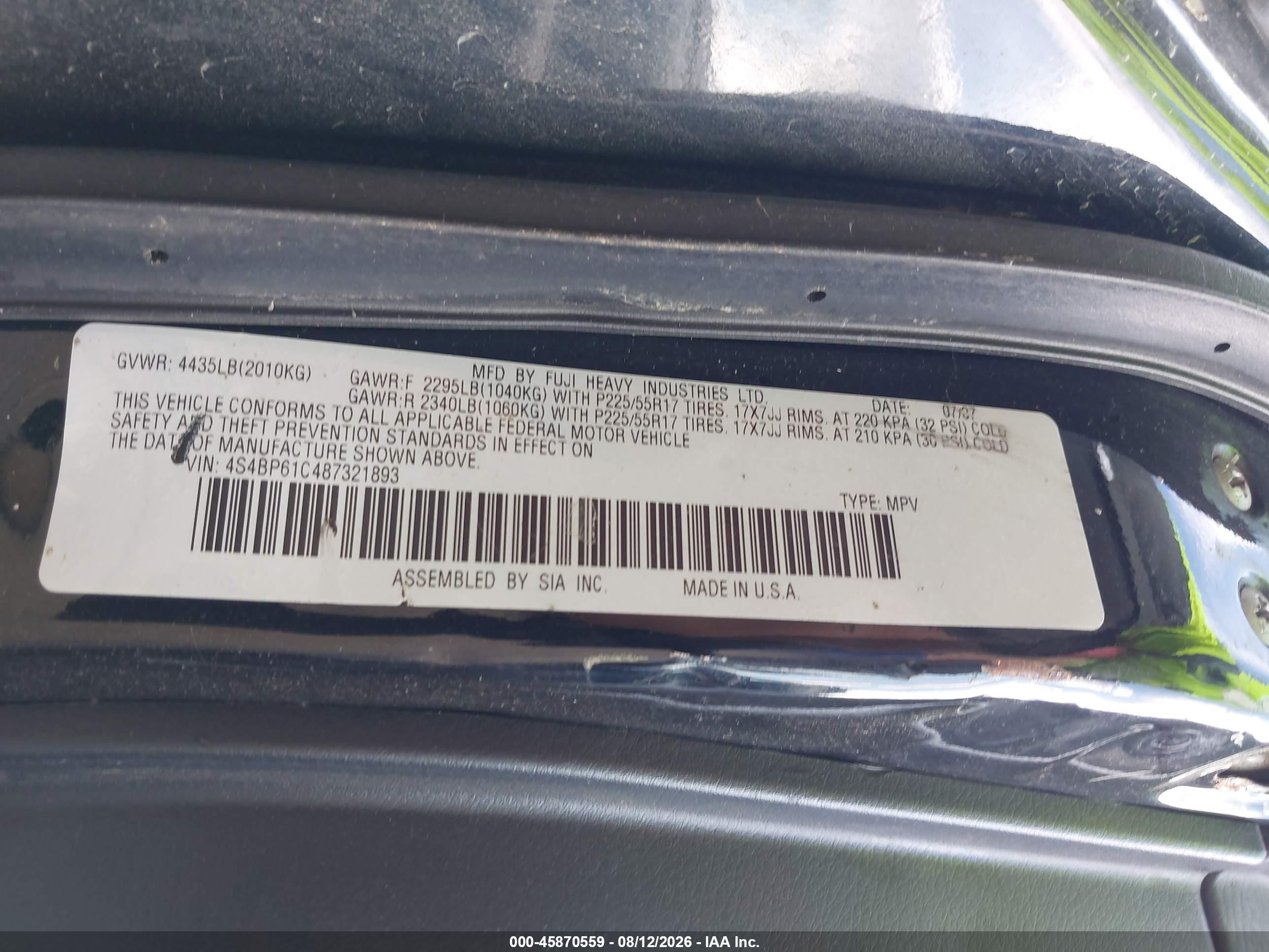 2008 Subaru Outback 2.5i/2.5i L.l. Bean Edition Black vin: 4S4BP61C487321893