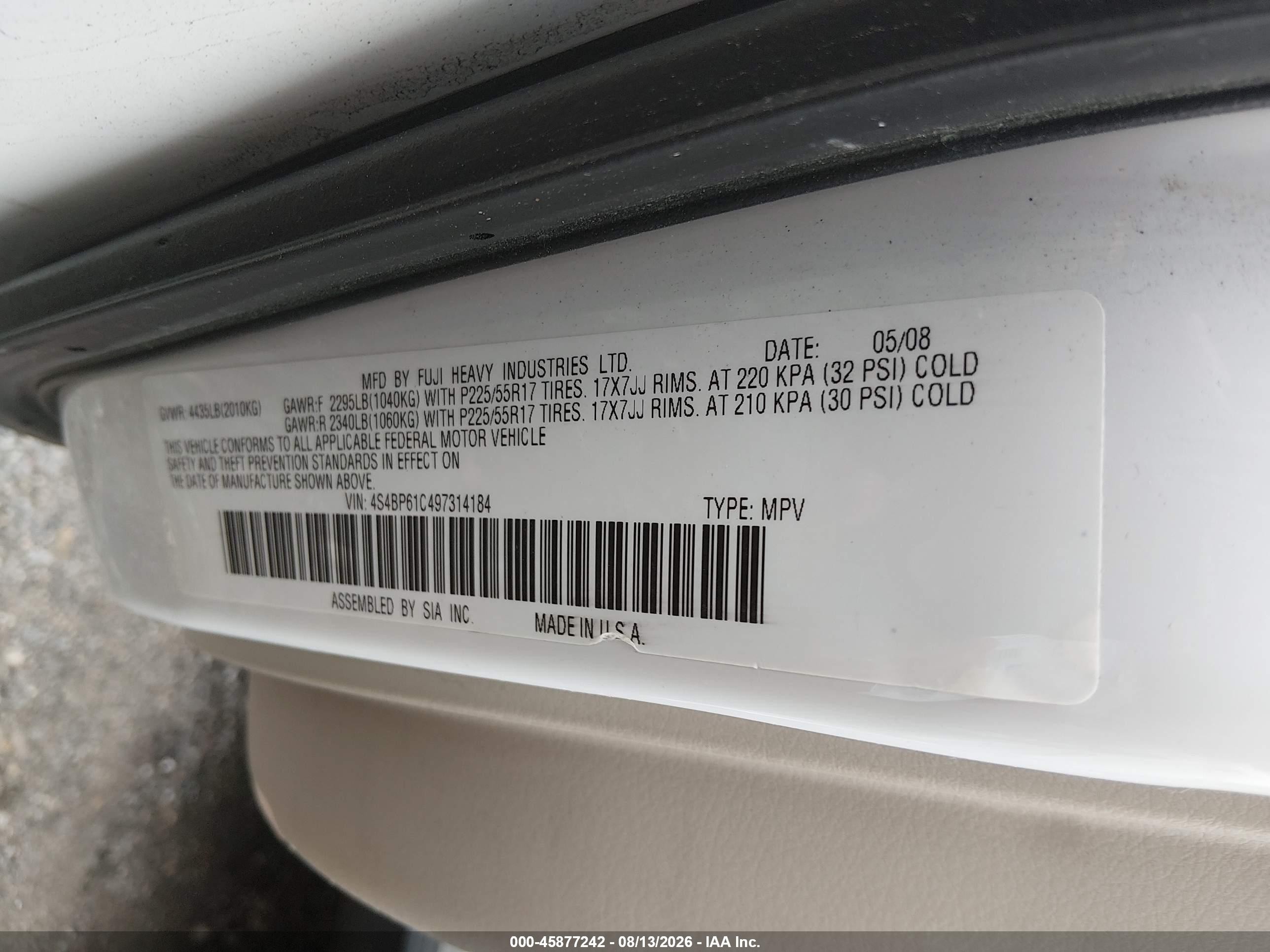 2009 Subaru Outback 2.5i White vin: 4S4BP61C497314184