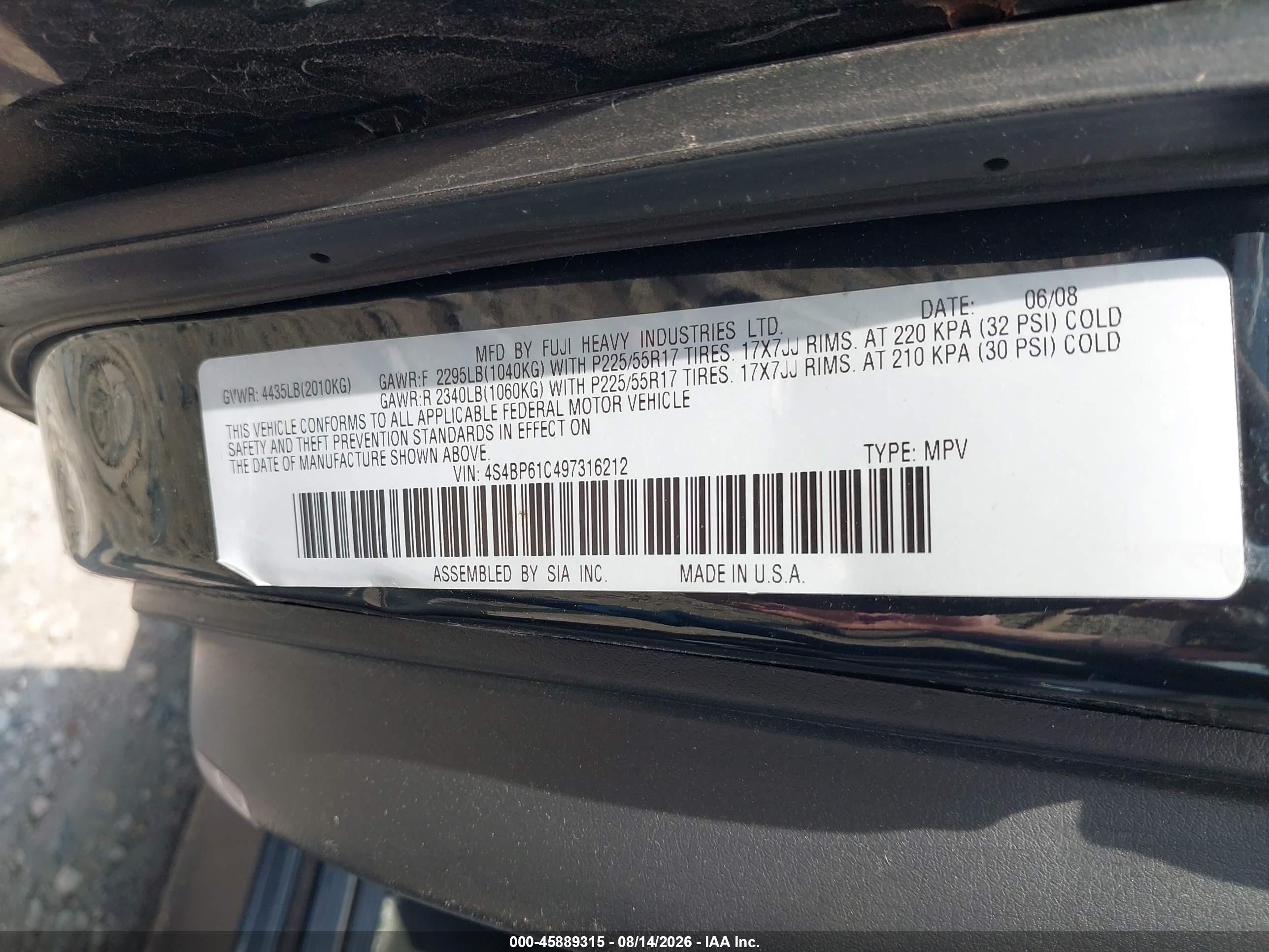 2009 Subaru Outback 2.5i Black vin: 4S4BP61C497316212
