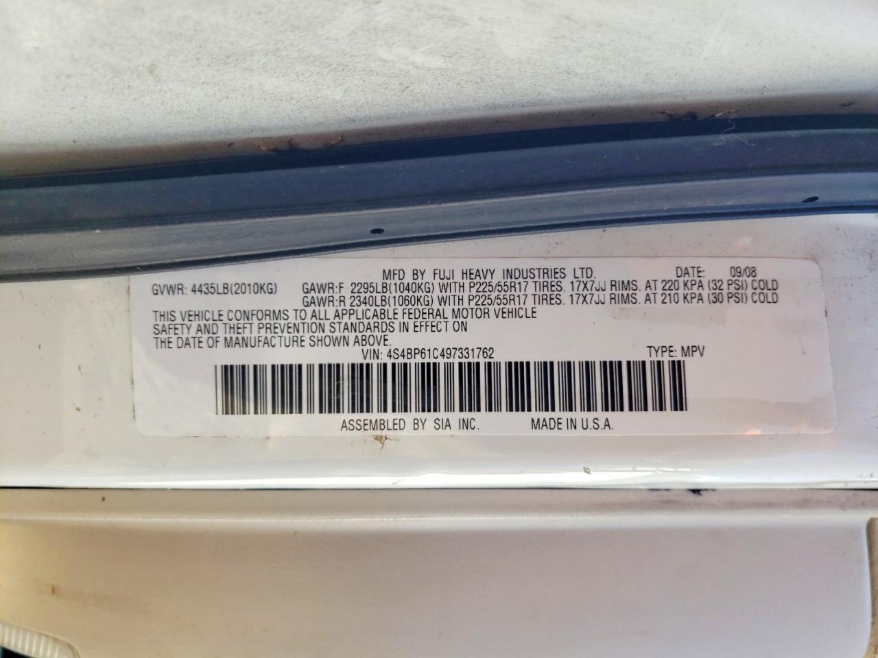 2009 Subaru Outback 2.5i White vin: 4S4BP61C497331762