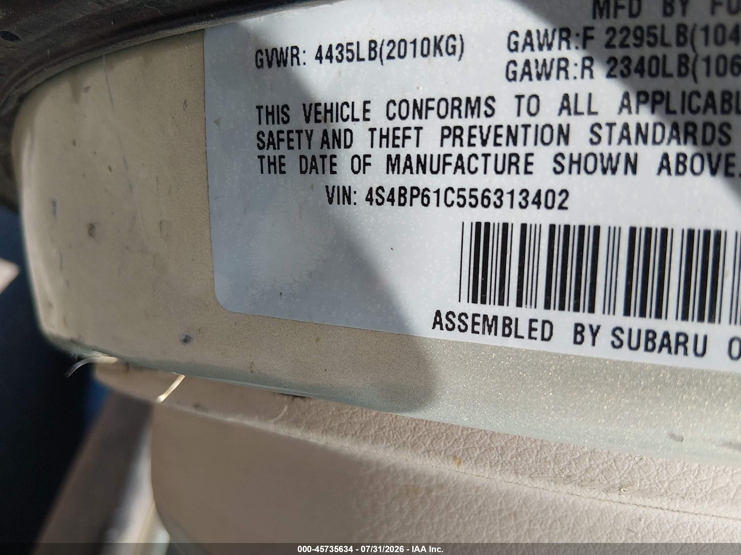 2005 Subaru Outback 2.5i Champagne vin: 4S4BP61C556313402