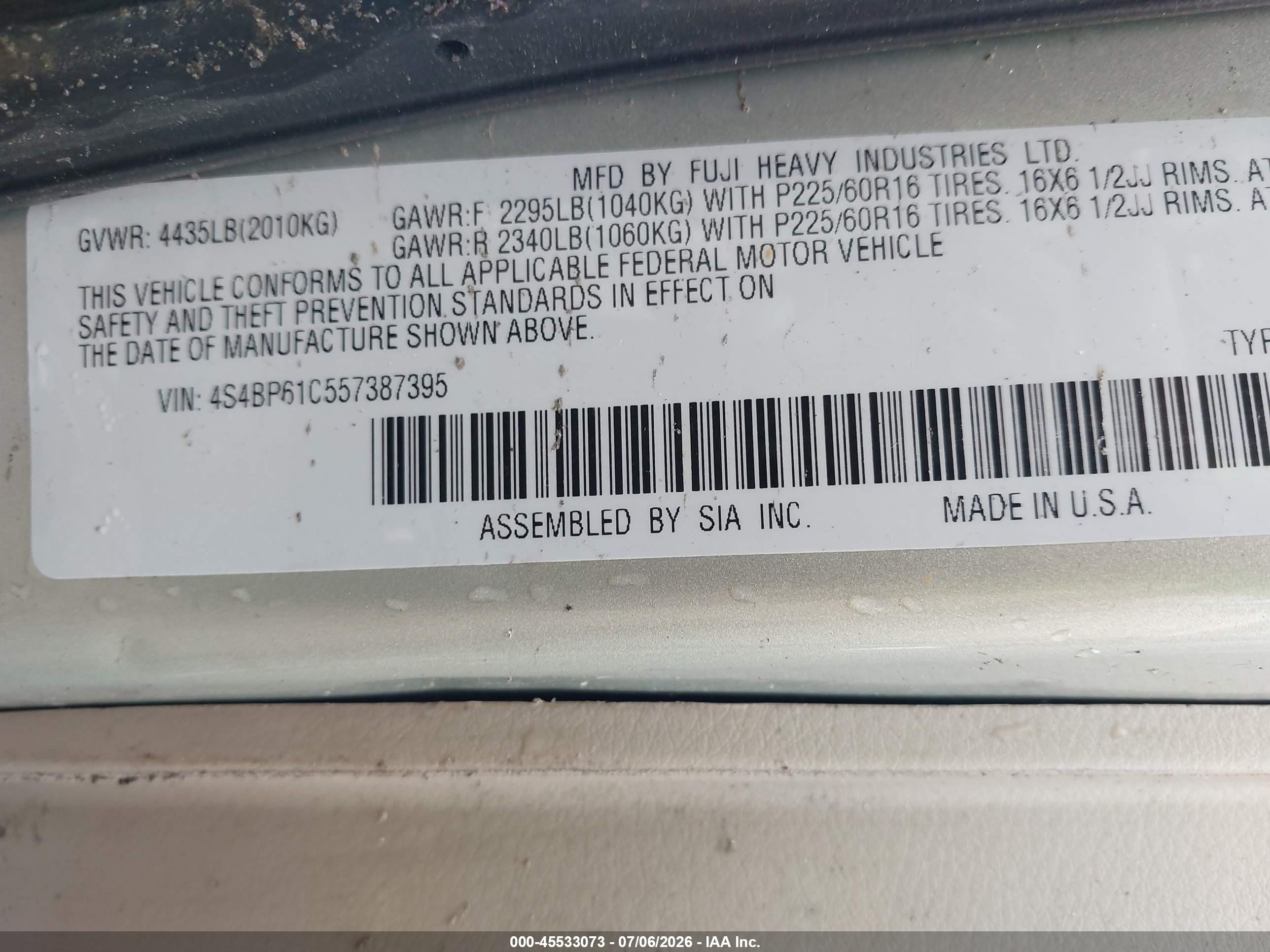 2005 Subaru Outback 2.5i Gold vin: 4S4BP61C557387395