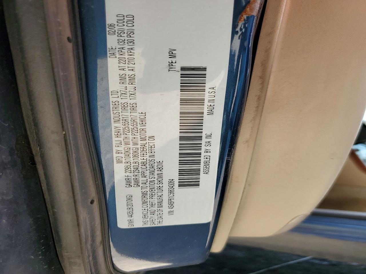 2006 Subaru Legacy Outback 2.5i Синий vin: 4S4BP61C566343064