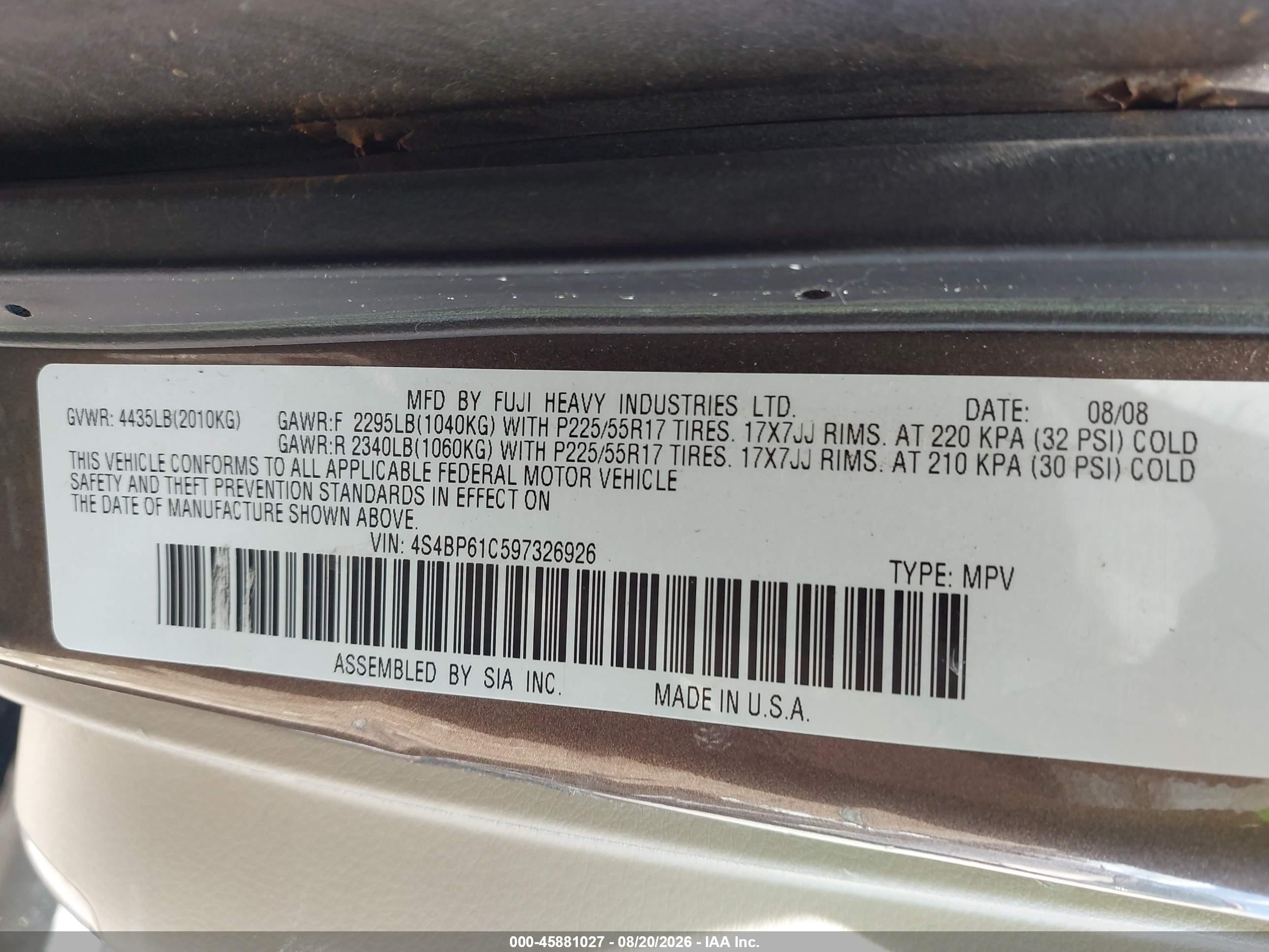 2009 Subaru Outback 2.5i Brown vin: 4S4BP61C597326926