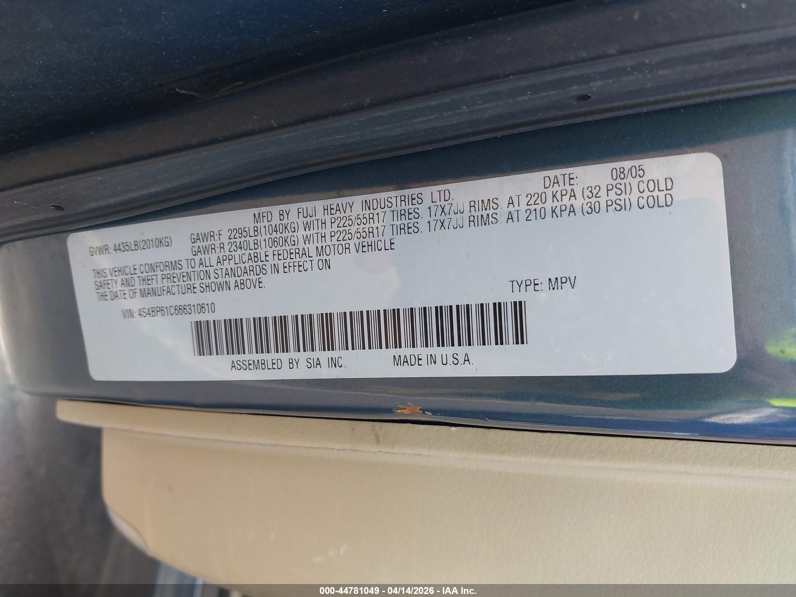 2006 Subaru Outback 2.5i Light Blue vin: 4S4BP61C666310610