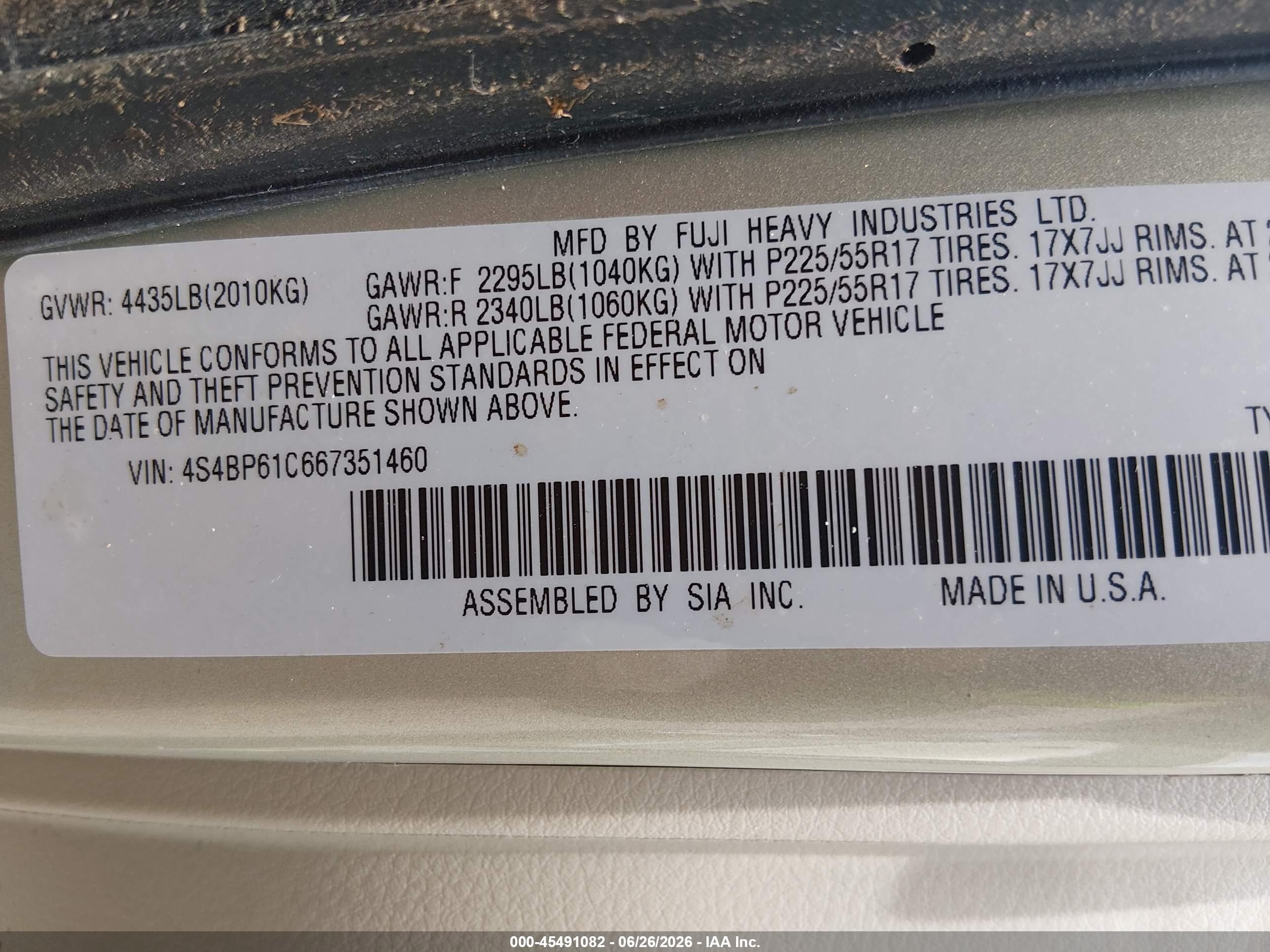 2006 Subaru Outback 2.5i Beige vin: 4S4BP61C667351460