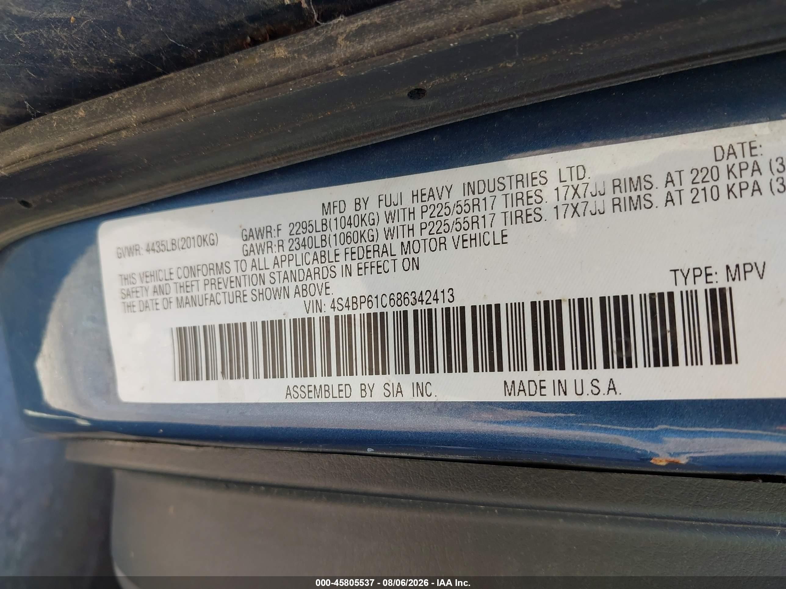 2008 Subaru Outback 2.5i Blue vin: 4S4BP61C686342413