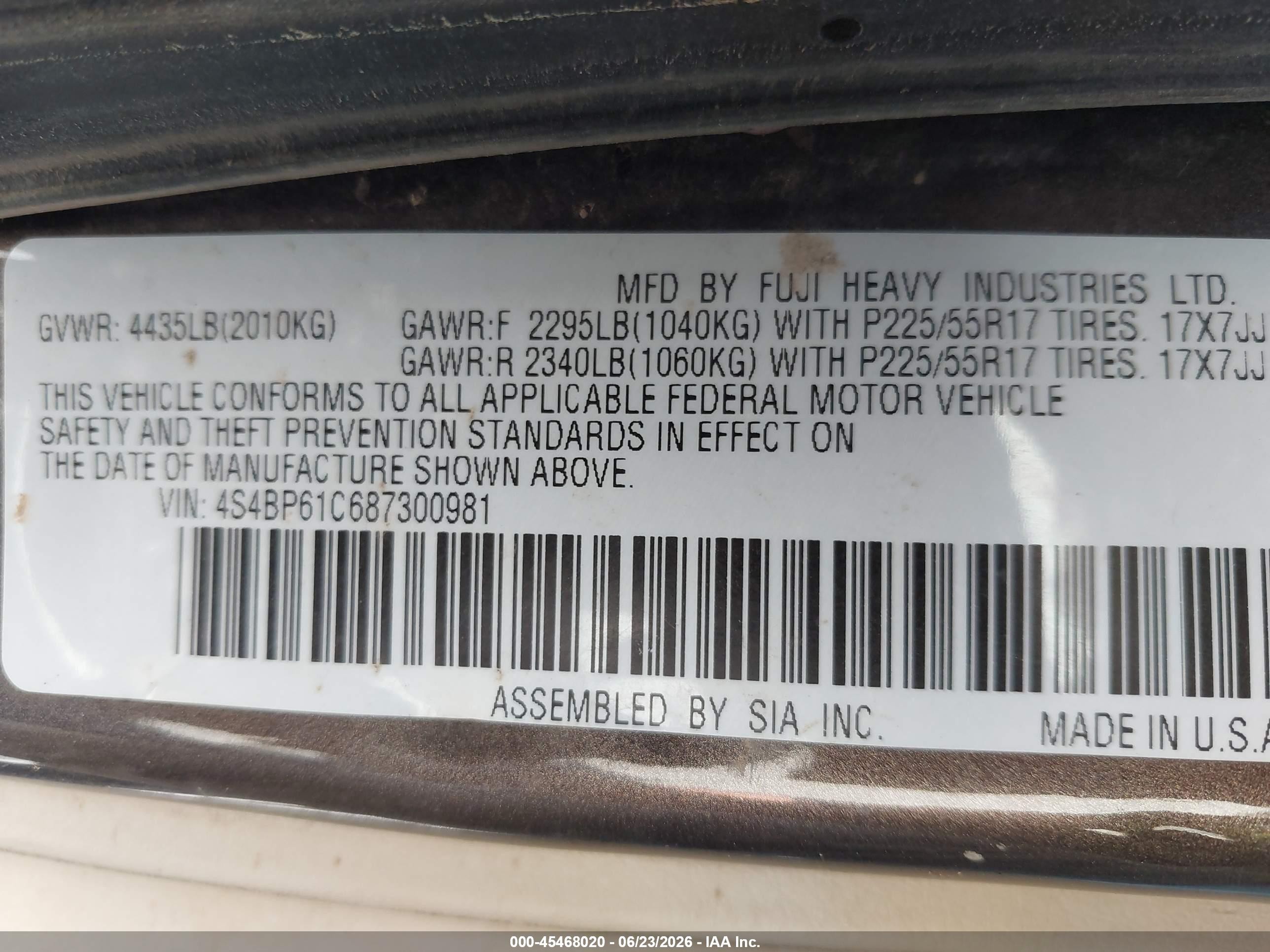 2008 Subaru Outback (natl) I/ll Bean W/nav/ll Bean W/nav/vdc Brown vin: 4S4BP61C687300981