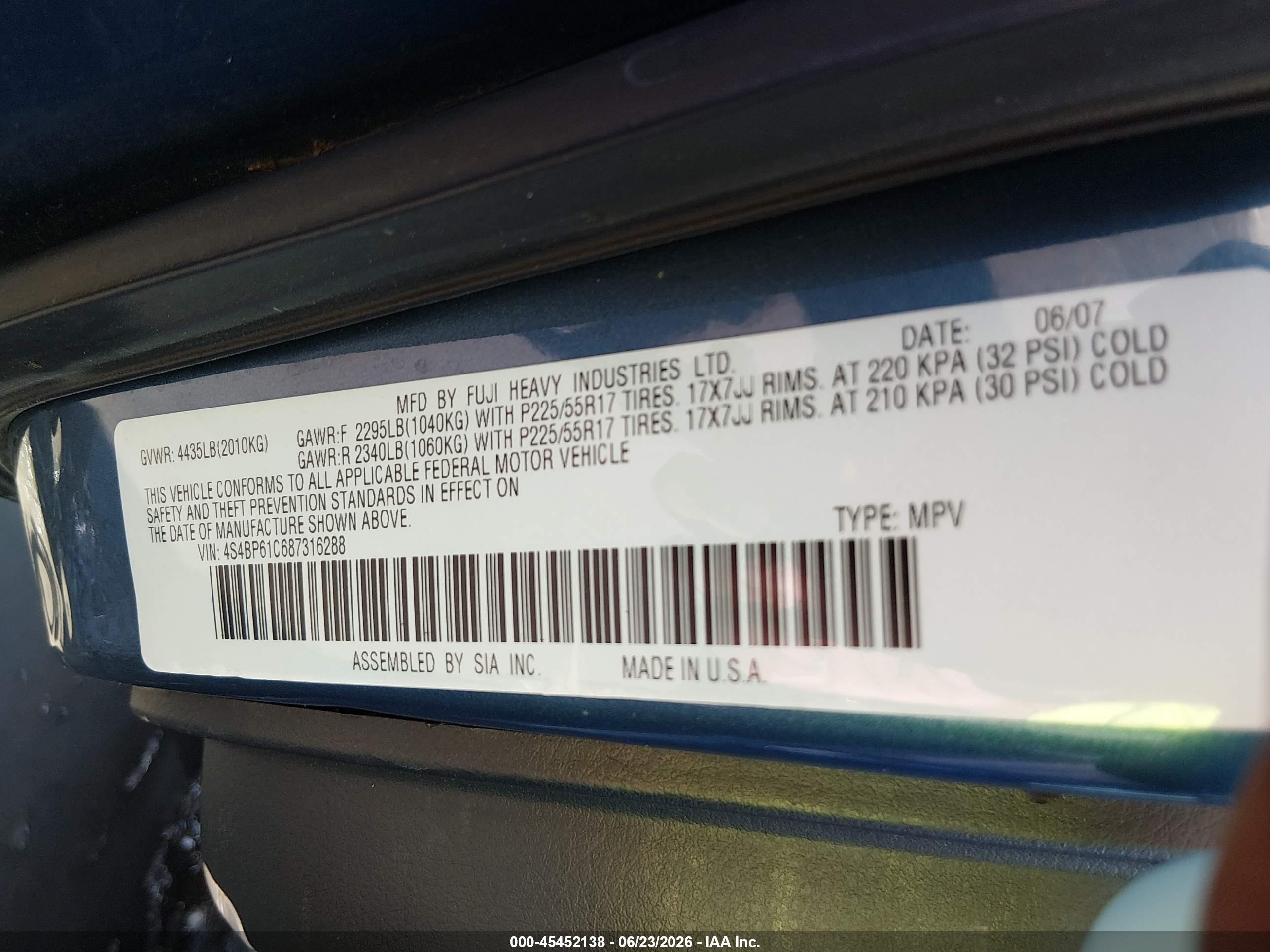 2008 Subaru Outback (natl) I/ll Bean W/nav/ll Bean W/nav/vdc Blue vin: 4S4BP61C687316288