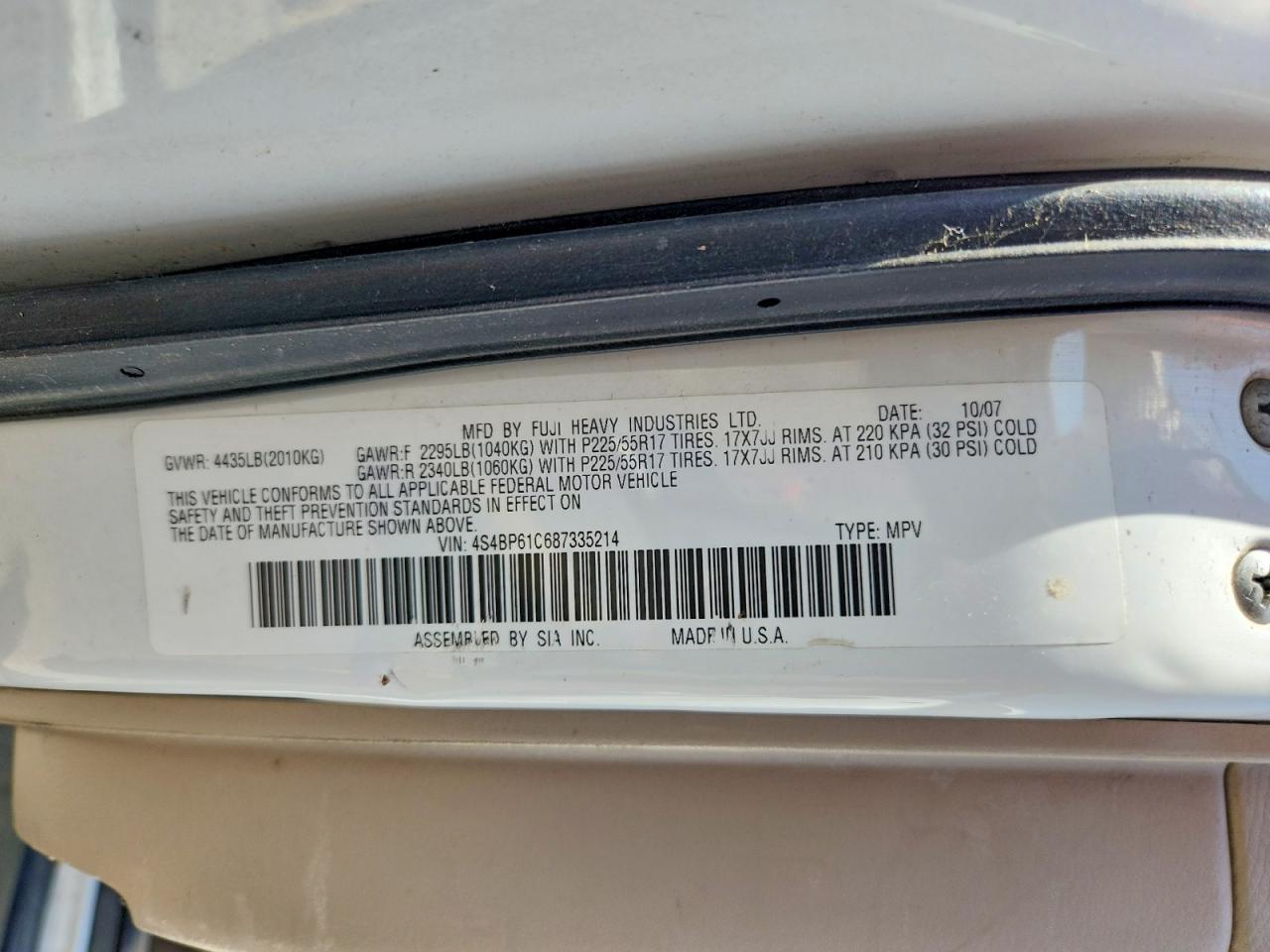 2008 Subaru Outback 2.5i White vin: 4S4BP61C687335214