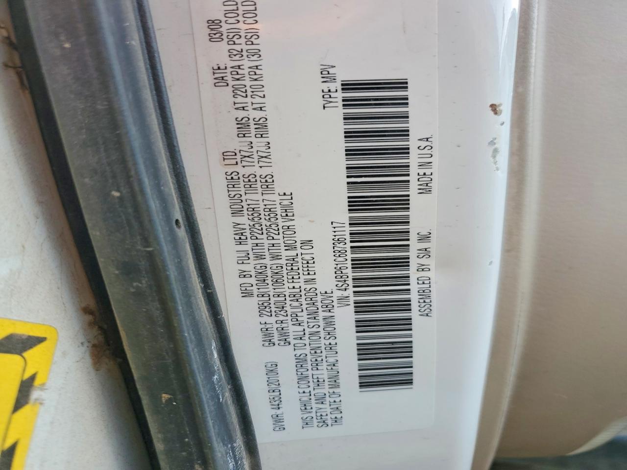 2008 Subaru Outback 2.5i White vin: 4S4BP61C687361117