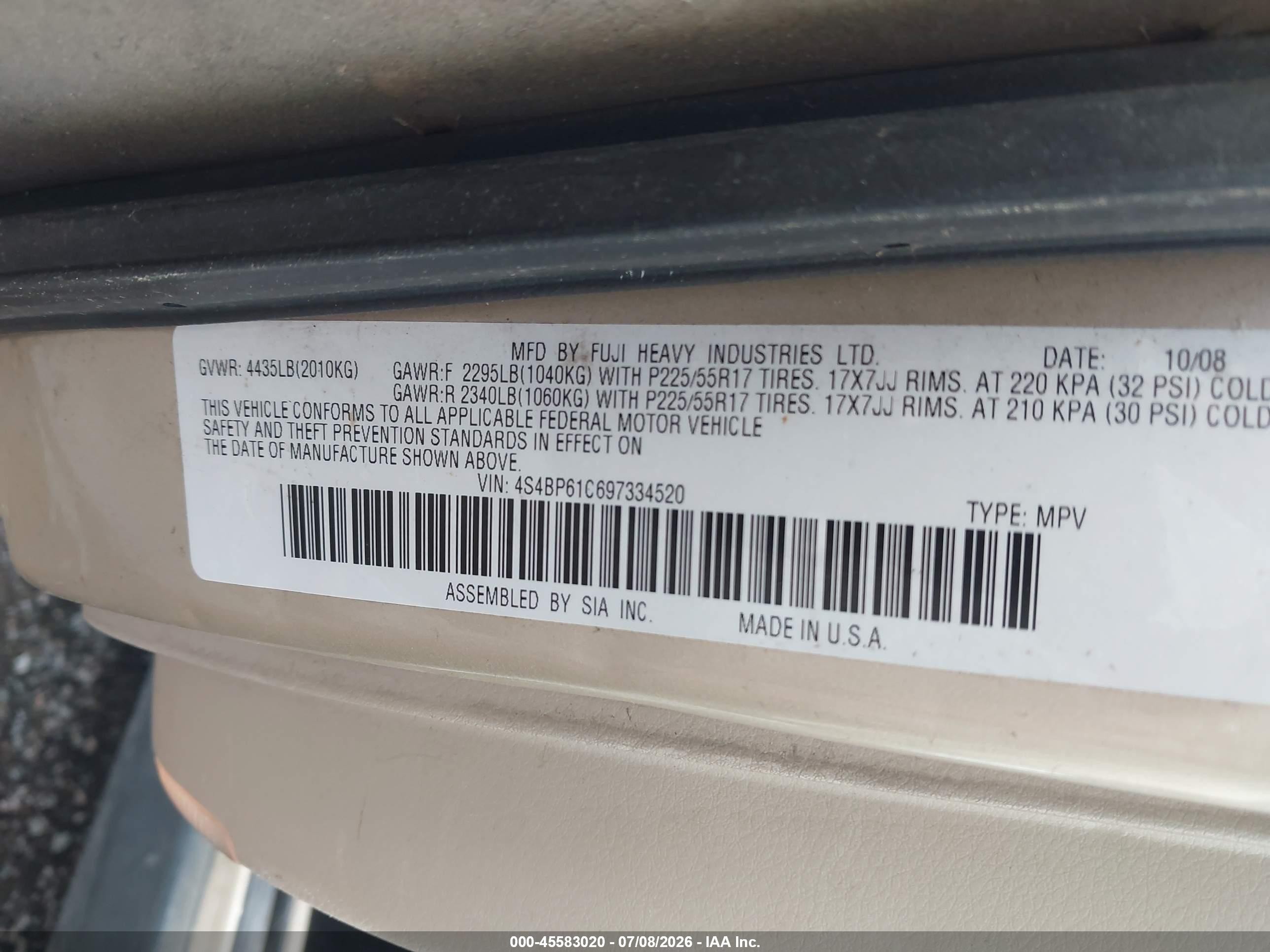 2009 Subaru Outback 2.5i Gold vin: 4S4BP61C697334520