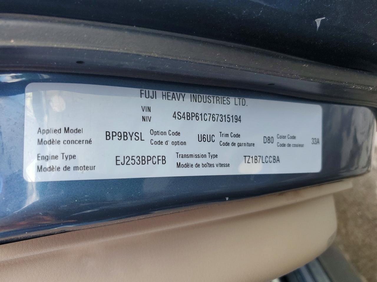 2006 Subaru Legacy Outback 2.5i Blue vin: 4S4BP61C767315194