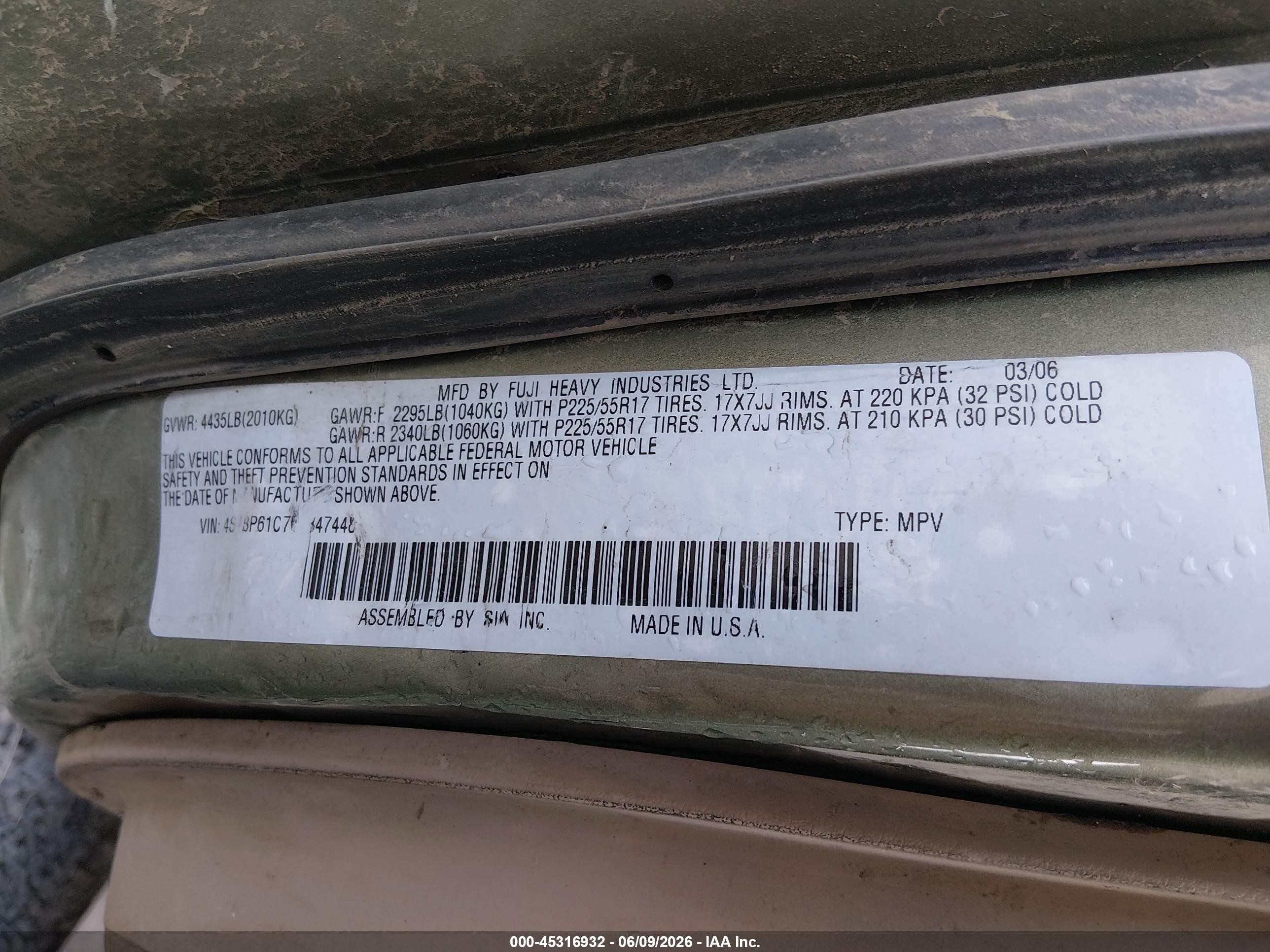 2006 Subaru Outback 2.5i Зеленый vin: 4S4BP61C767347448