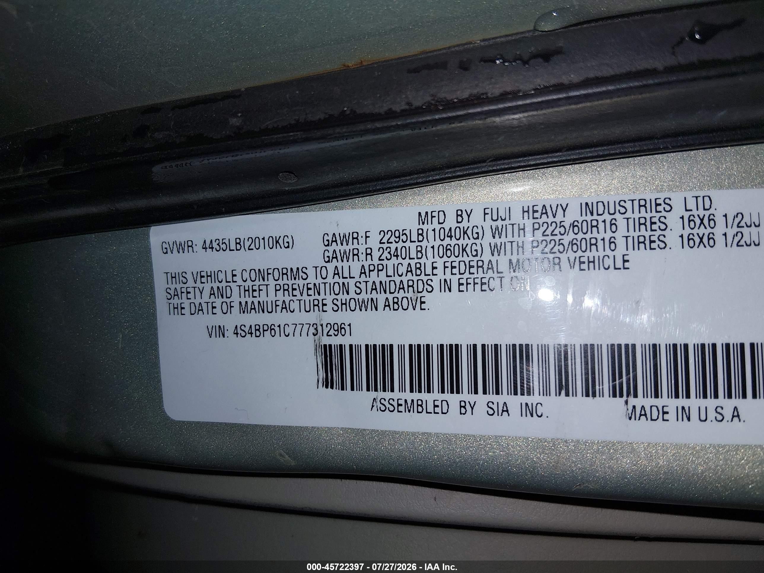 2007 Subaru Outback 2.5i Basic Cream vin: 4S4BP61C777312961