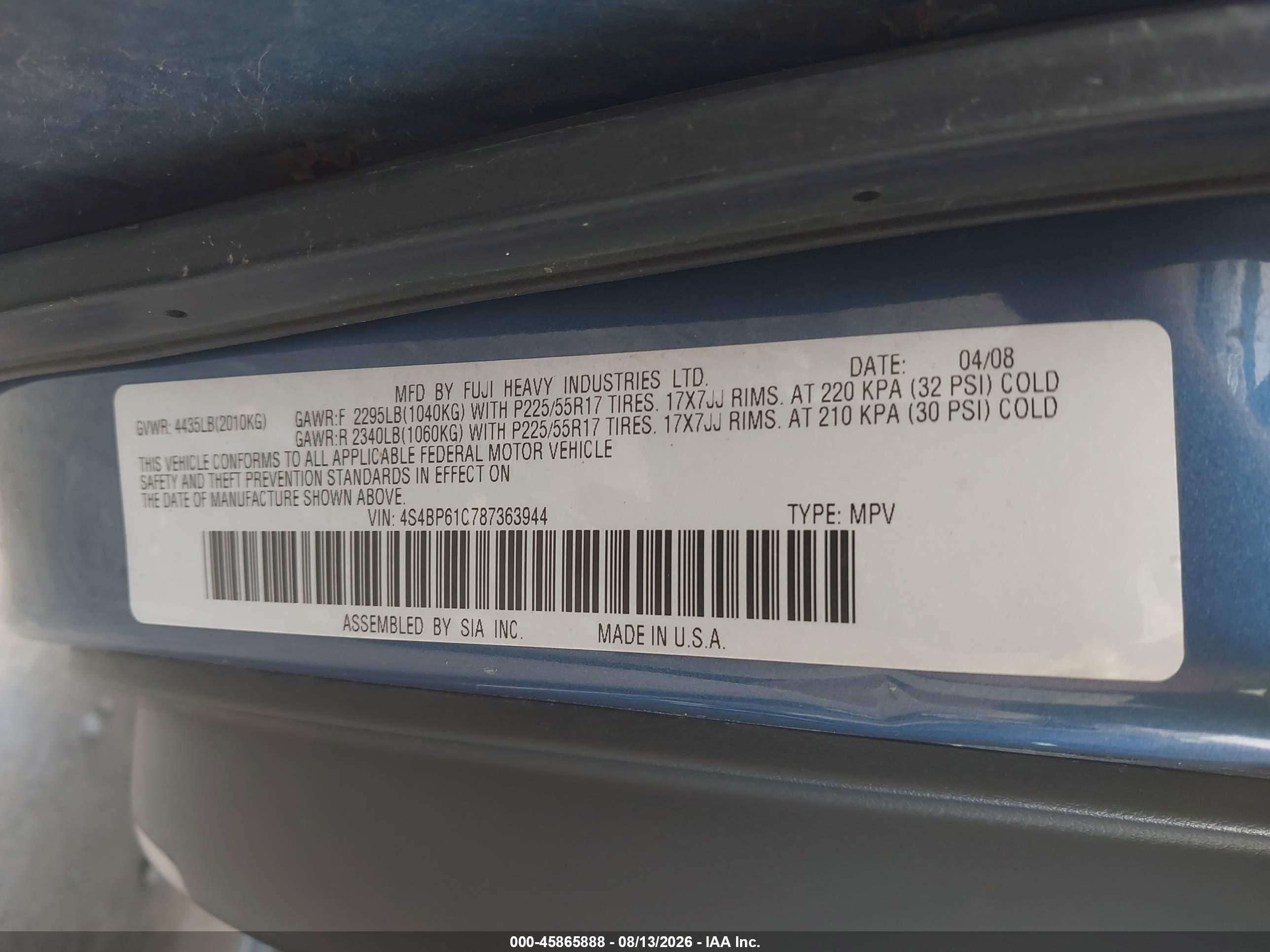 2008 Subaru Outback 2.5i/2.5i L.l. Bean Edition Blue vin: 4S4BP61C787363944