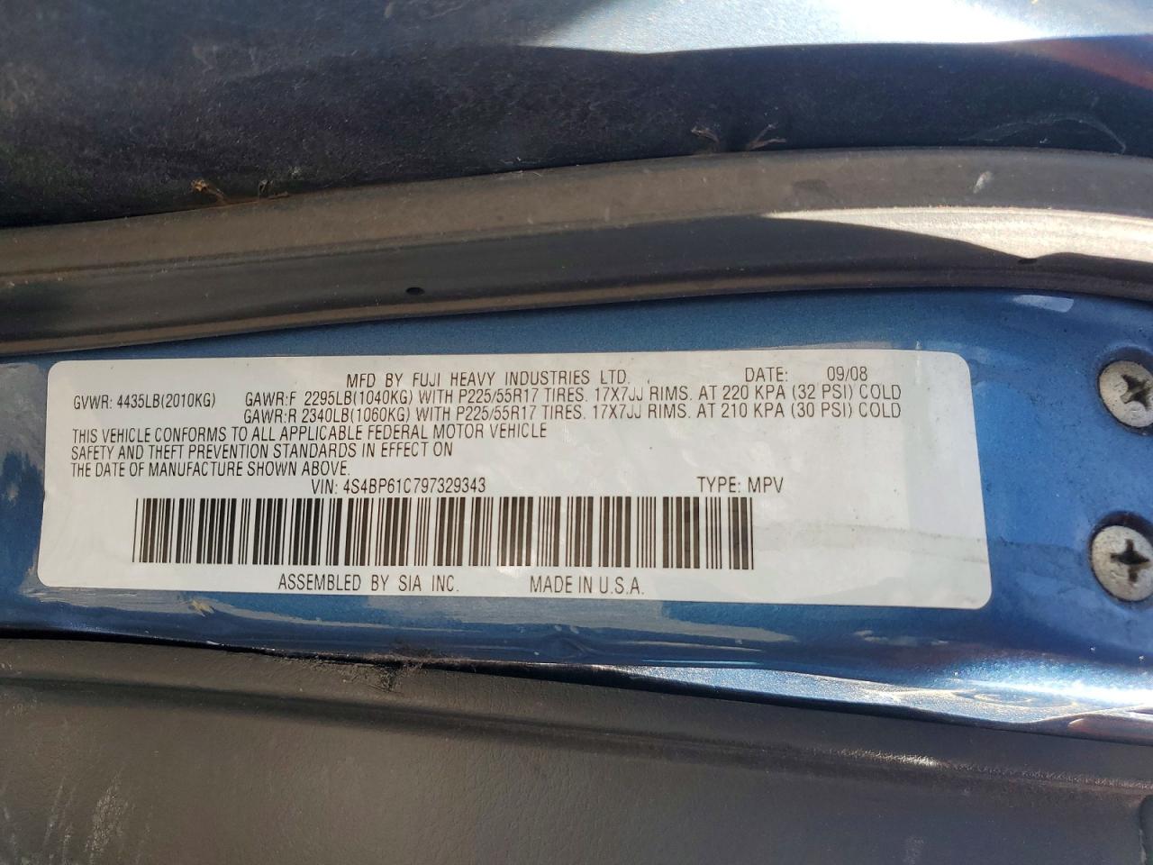 2009 Subaru Outback 2.5i Blue vin: 4S4BP61C797329343