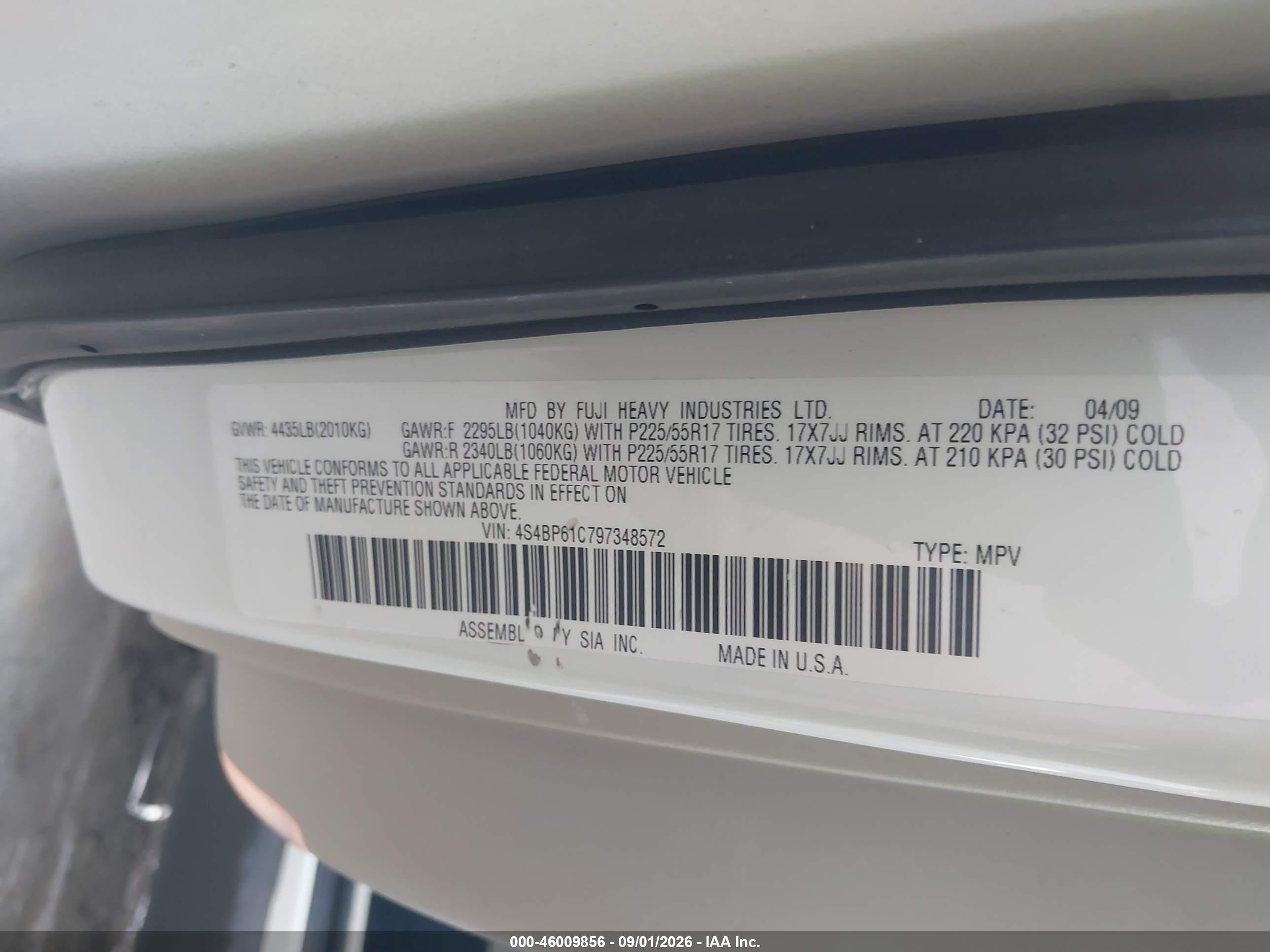 2009 Subaru Outback 2.5i Белый vin: 4S4BP61C797348572
