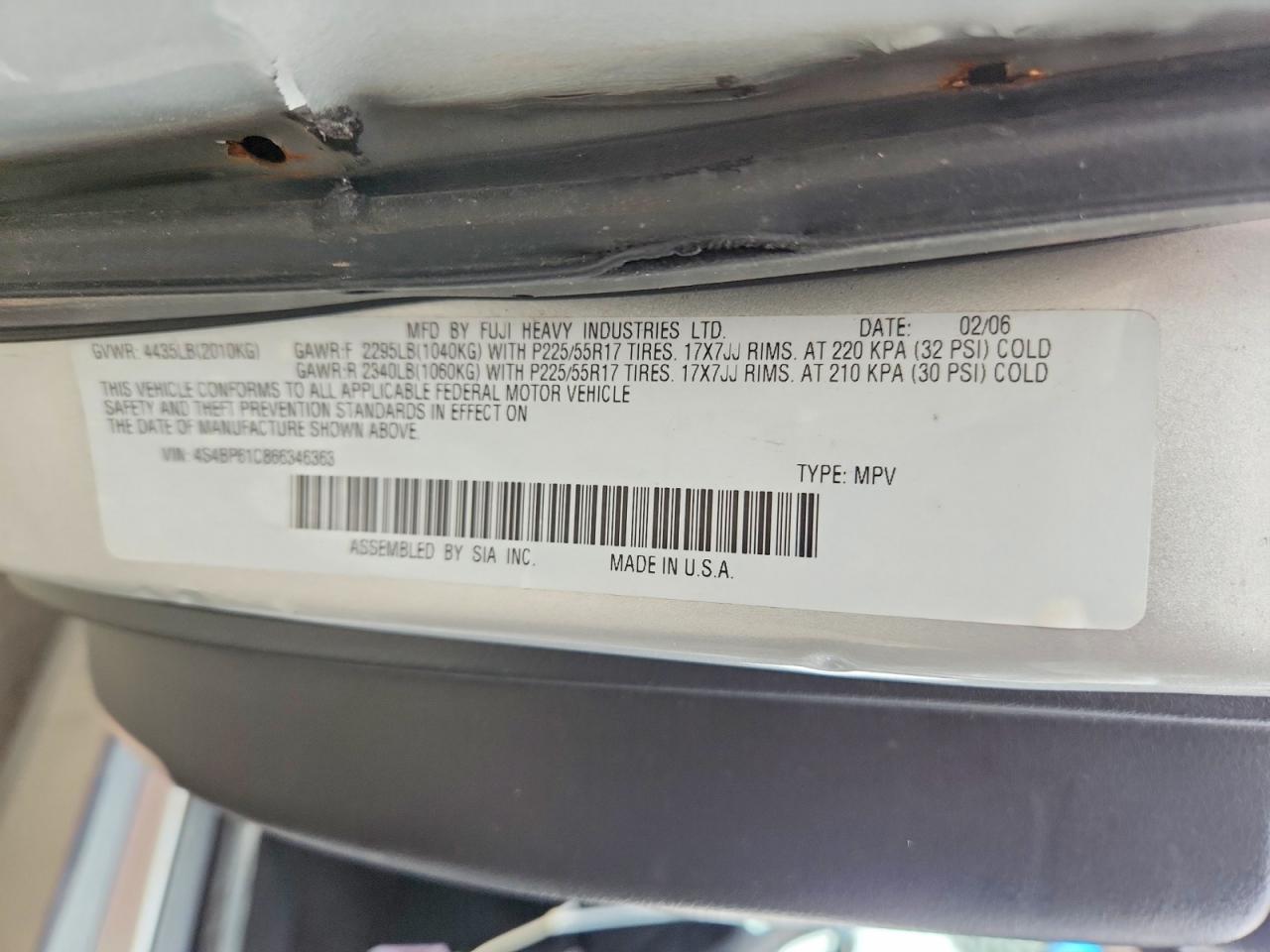 2006 Subaru Legacy Outback 2.5i Silver vin: 4S4BP61C866346363