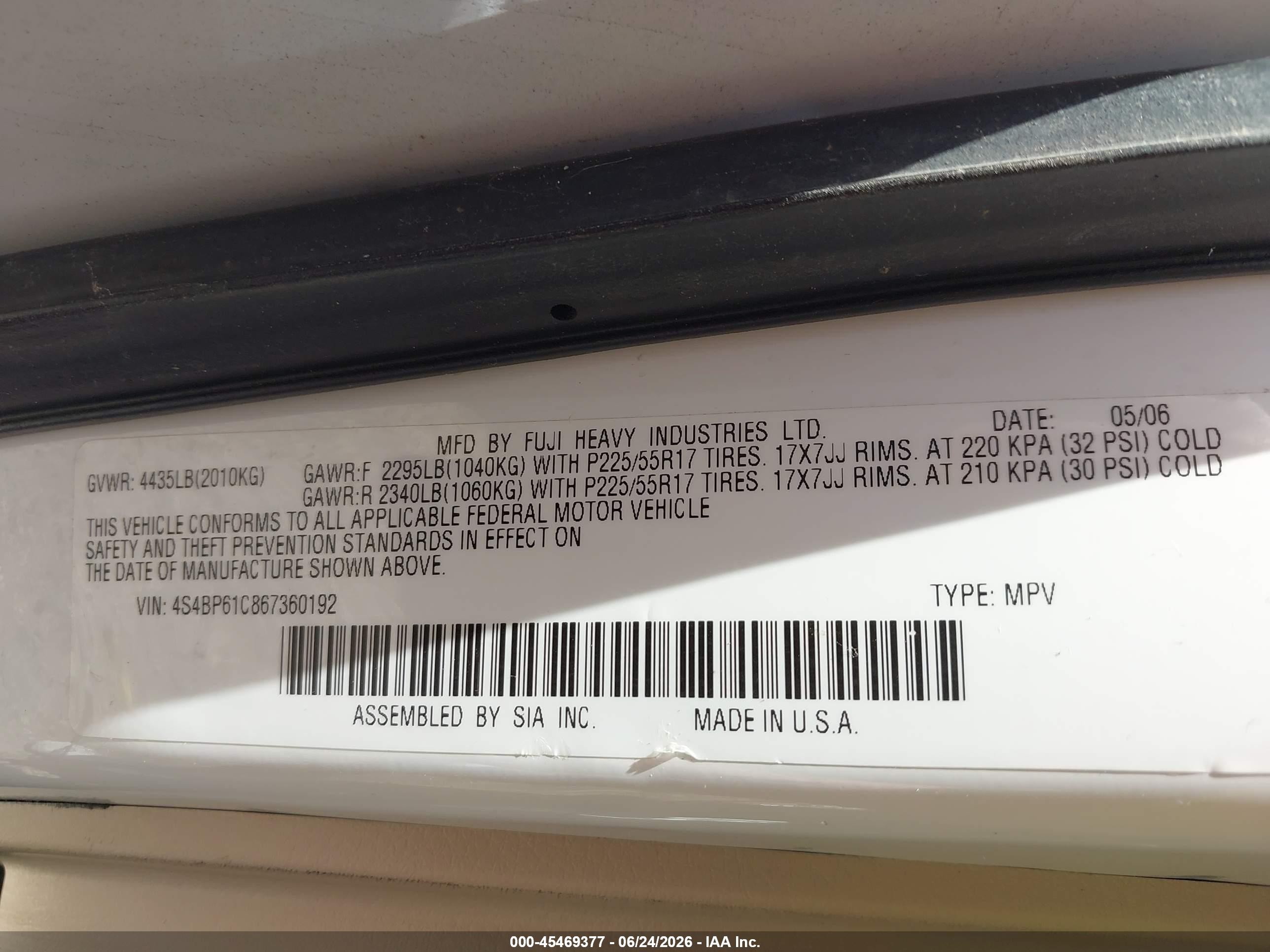 2006 Subaru Outback 2.5i Белый vin: 4S4BP61C867360192