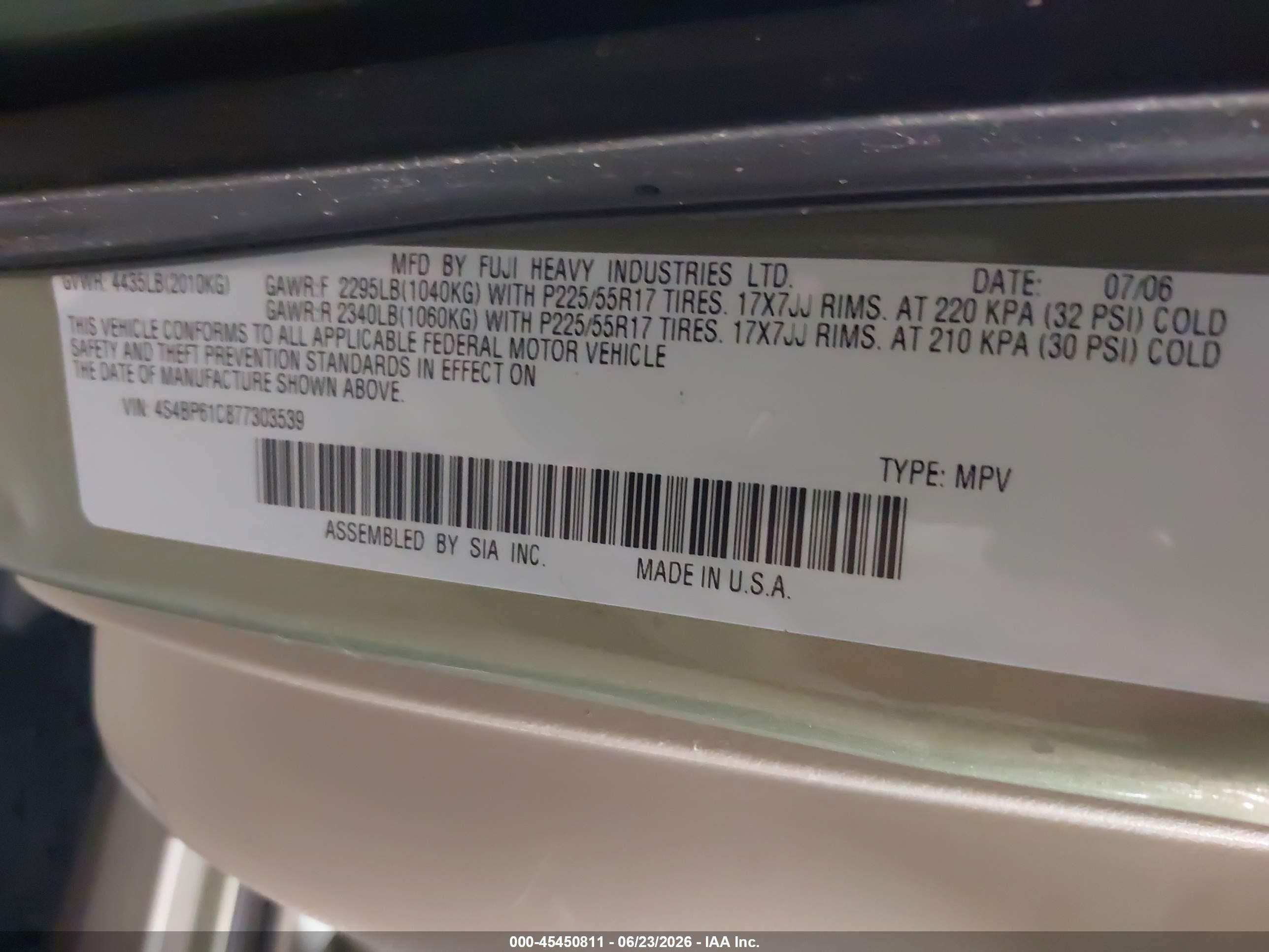 2007 Subaru Outback 2.5i Green vin: 4S4BP61C877303539