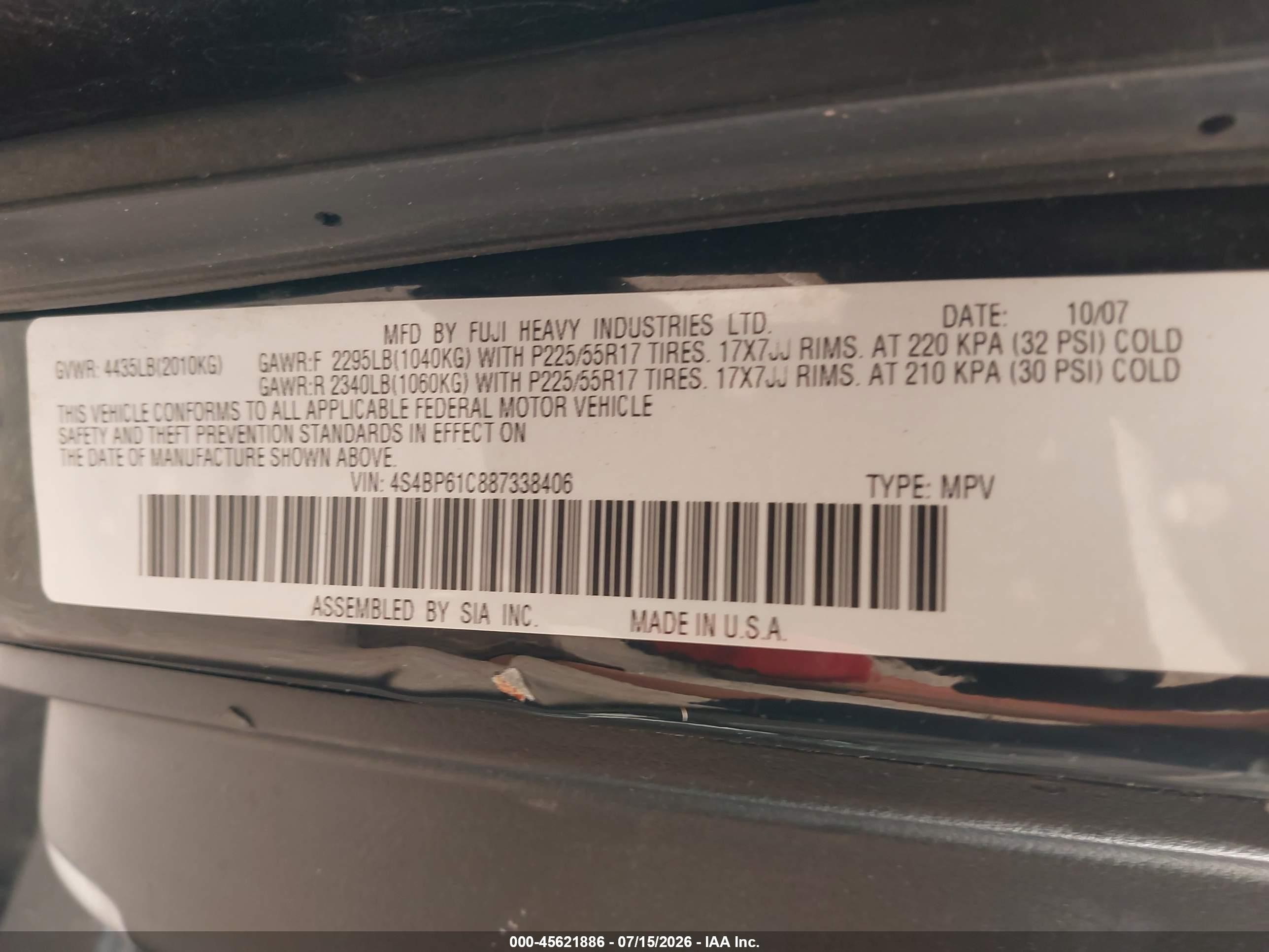 2008 Subaru Outback (natl)   Black vin: 4S4BP61C887338406