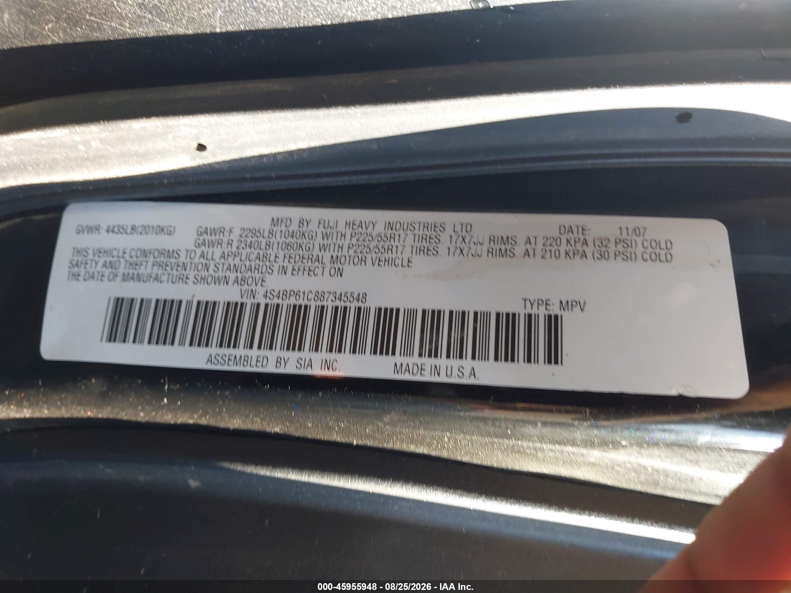 2008 Subaru Outback 2.5i/2.5i L.l. Bean Edition Black vin: 4S4BP61C887345548