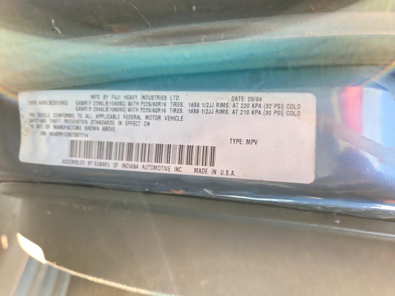 2005 Subaru Legacy Outback 2.5i Blue vin: 4S4BP61C957337714