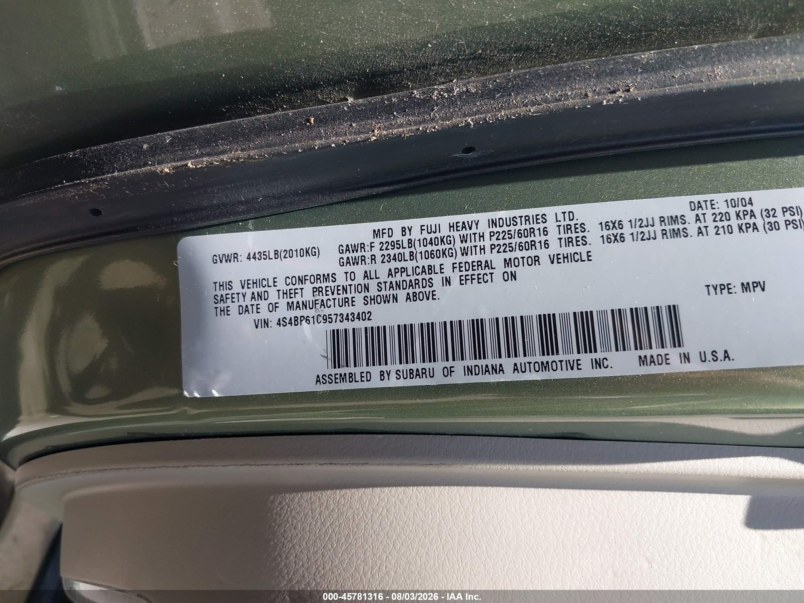 2005 Subaru Outback 2.5i Green vin: 4S4BP61C957343402