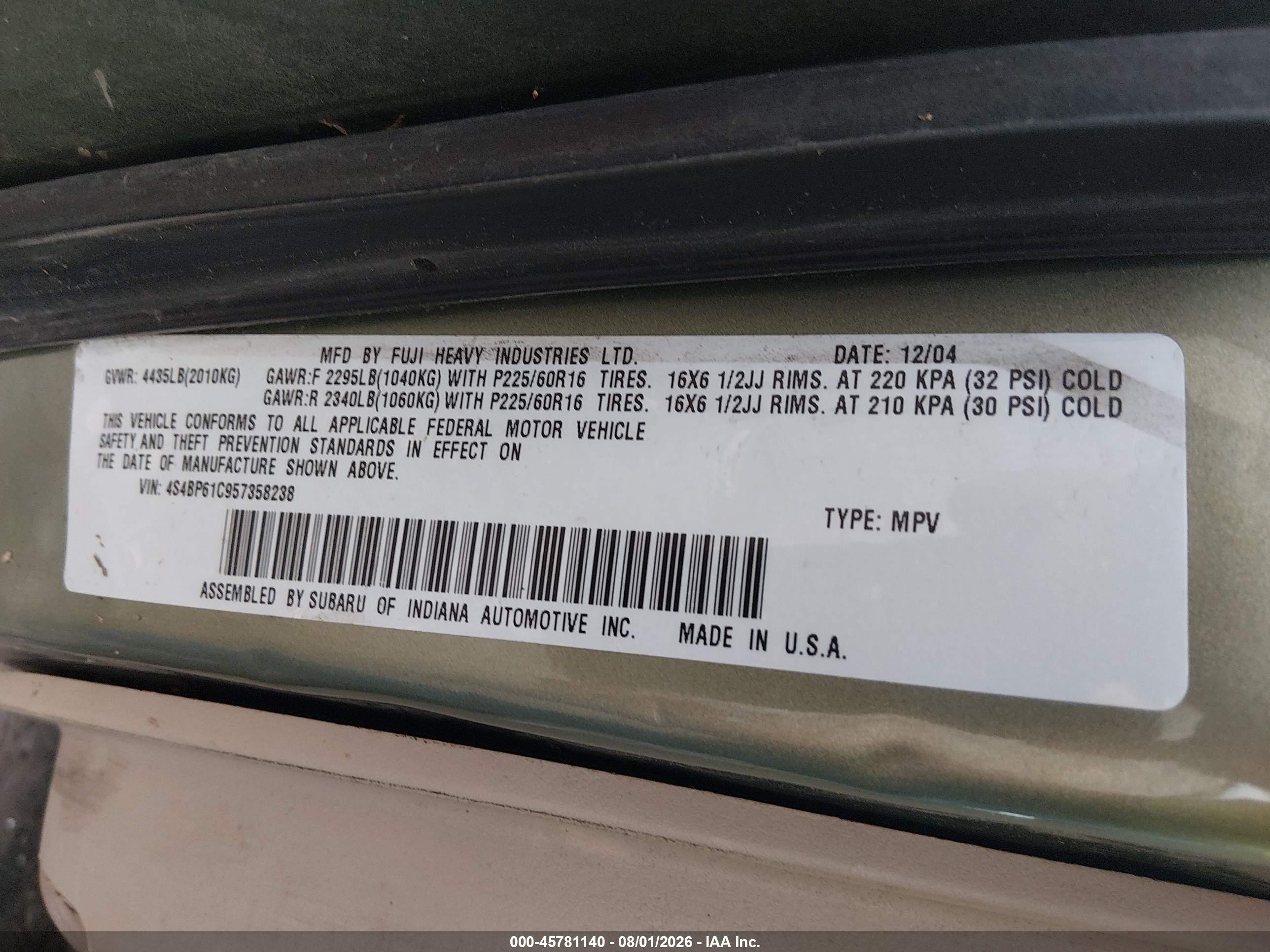 2005 Subaru Outback 2.5i Green vin: 4S4BP61C957358238