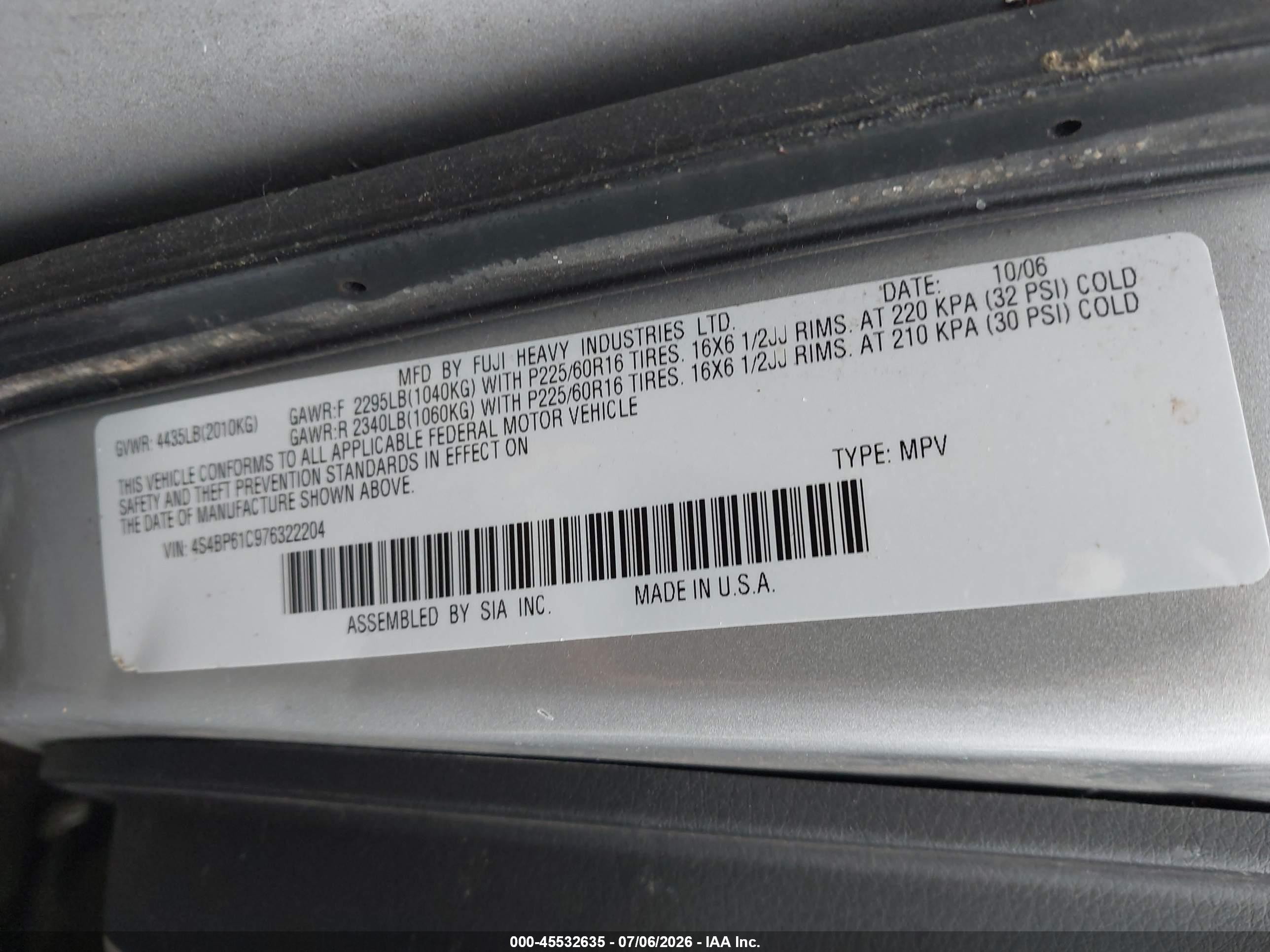 2007 Subaru Outback 2.5i Basic Silver vin: 4S4BP61C976322204