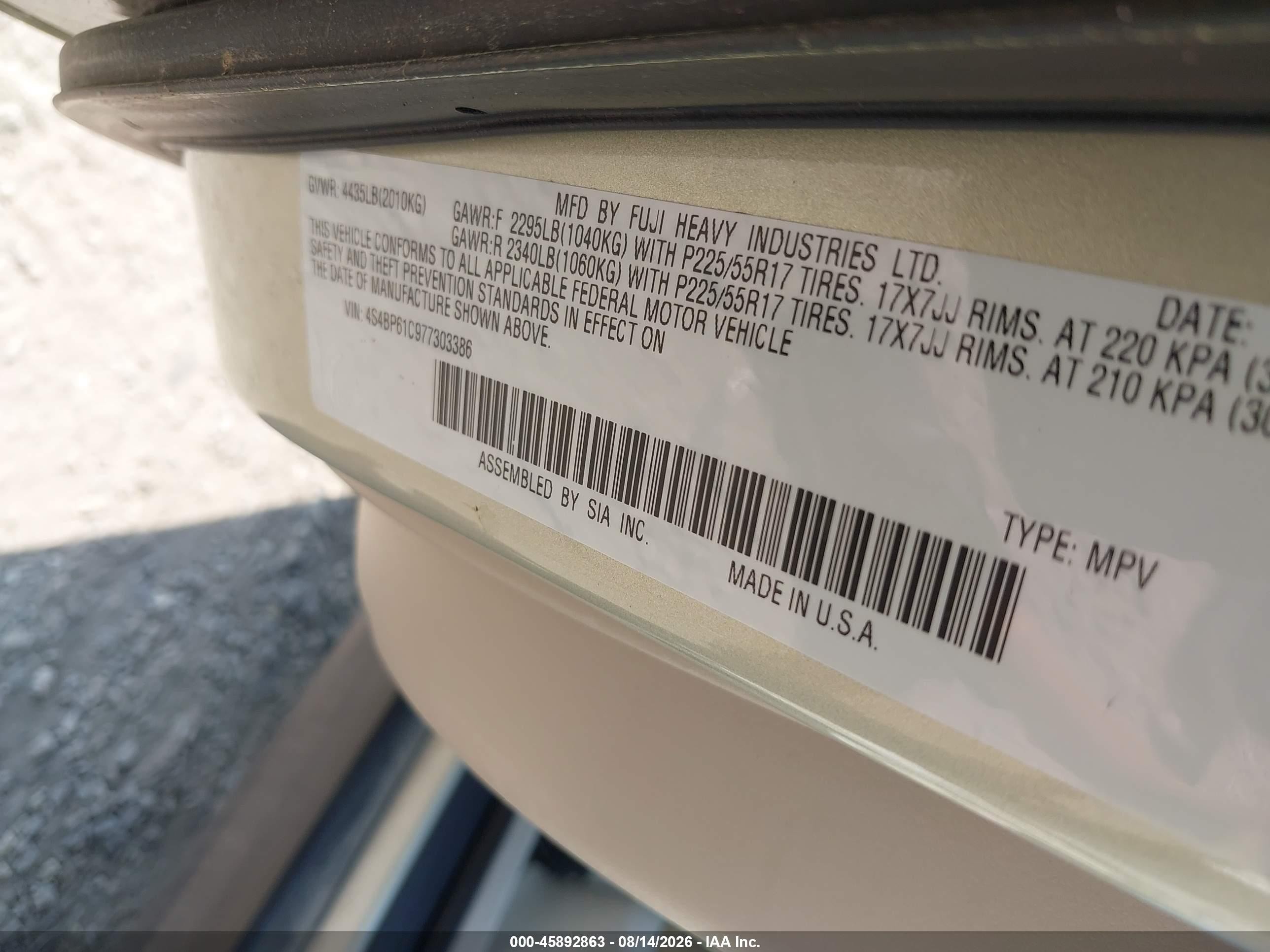 2007 Subaru Outback 2.5i Silver vin: 4S4BP61C977303386