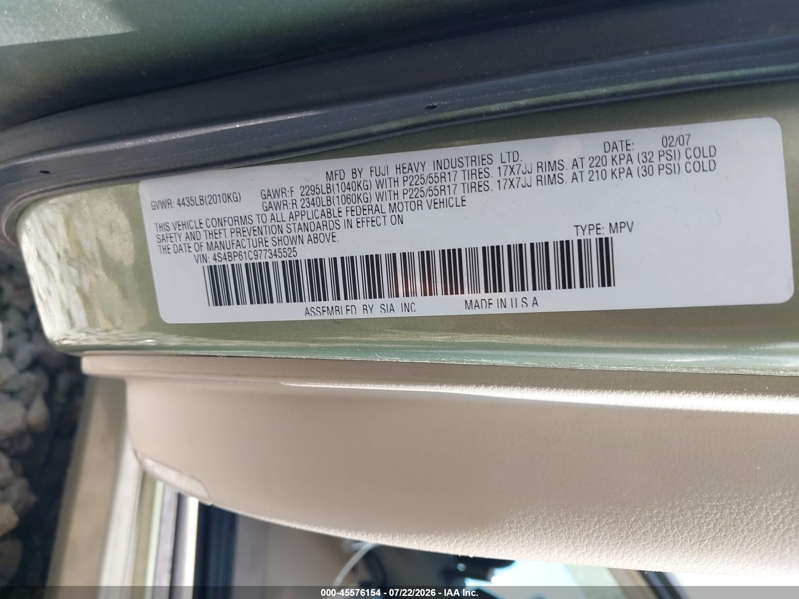 2007 Subaru Outback 2.5i/2.5i Basic/2.5i L.l. Bean Edition Green vin: 4S4BP61C977345525