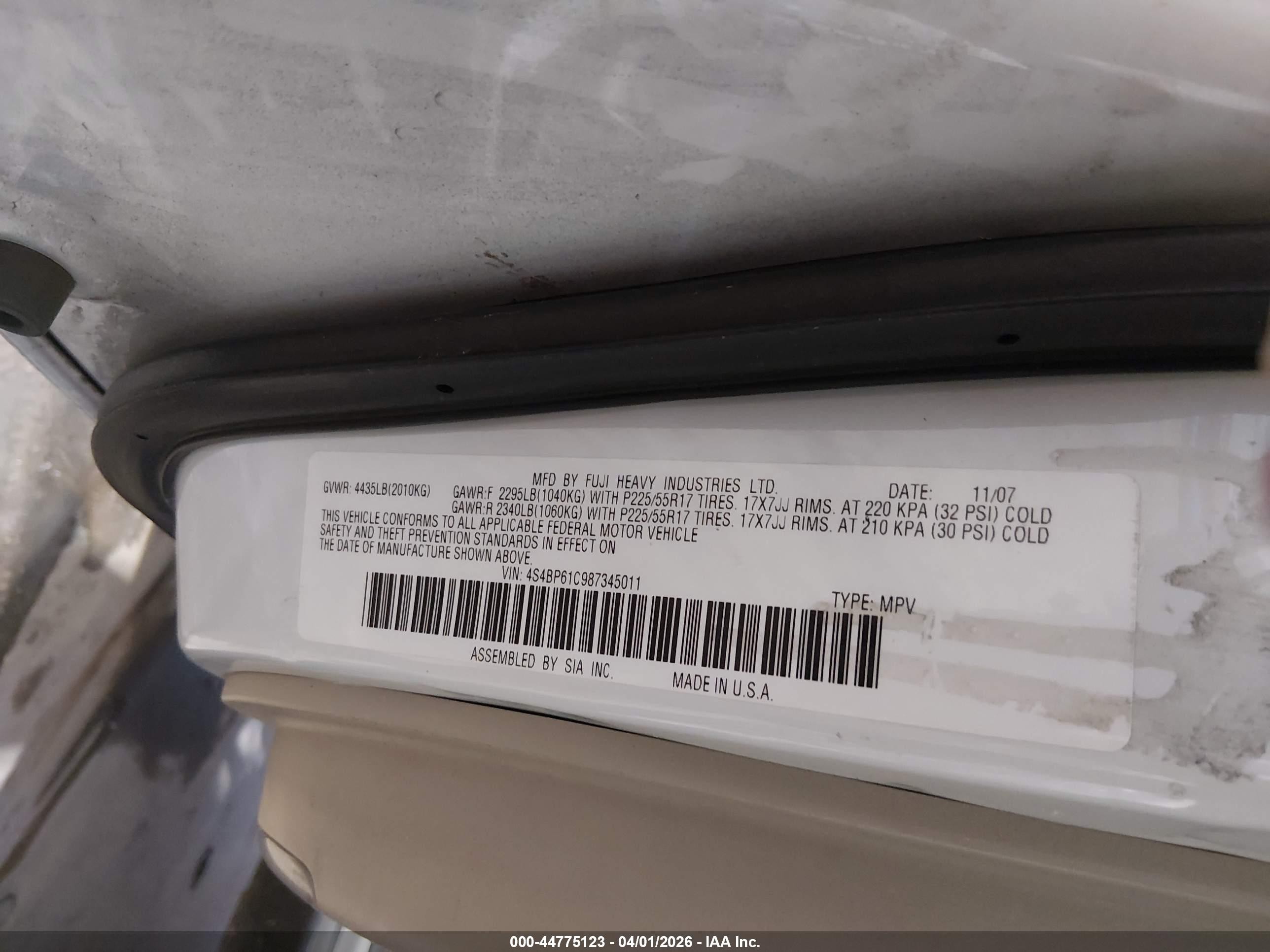 2008 Subaru Outback 2.5i/2.5i L.l. Bean Edition White vin: 4S4BP61C987345011